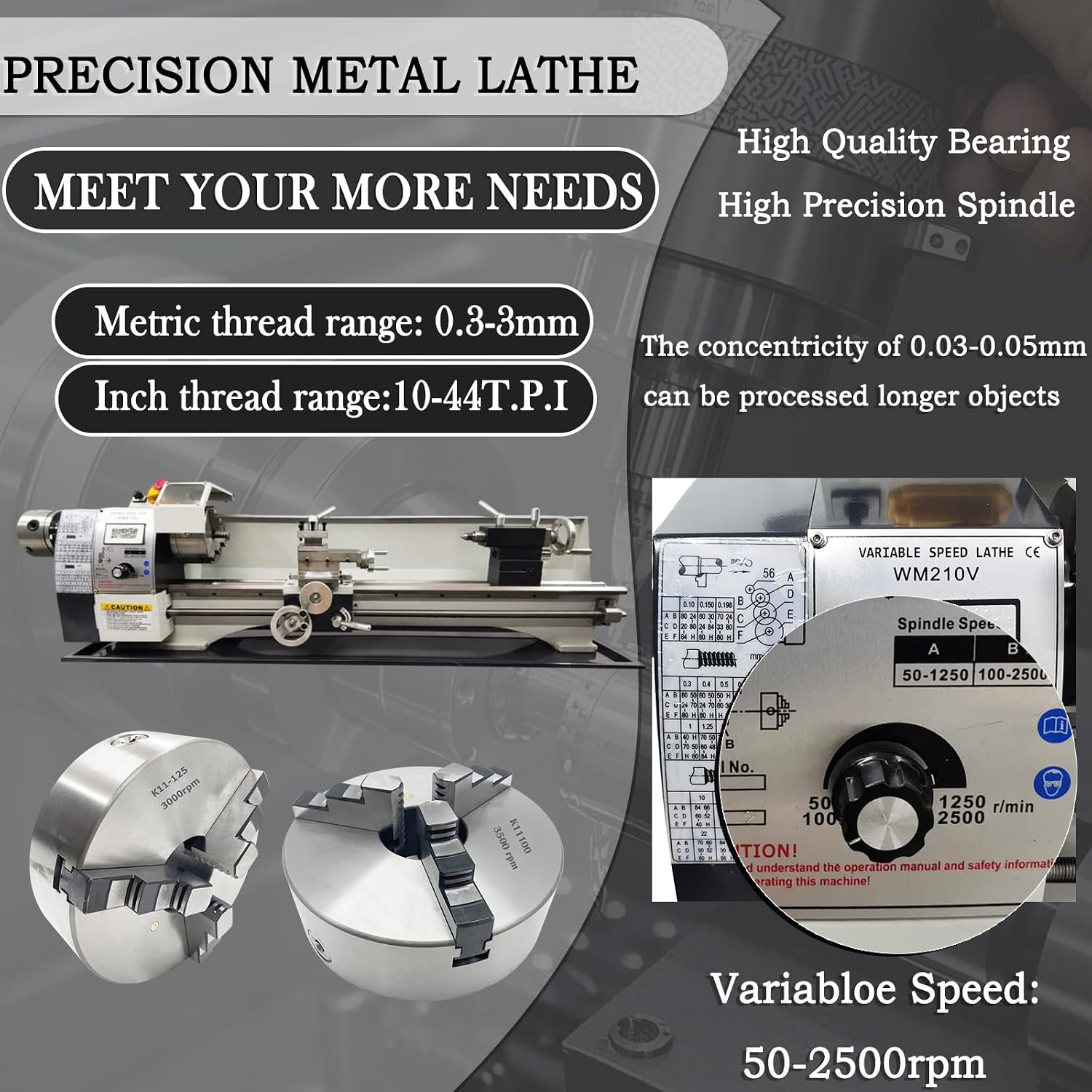 INTBUYING 8''x 32'' Metal Lathe Machine Precision Benchtop Lathe for Hobbyists & DIY Projects Double Chuck Horizontal Design 1100W Brushless Motor 50-2500 RPM Variable Speed Inch Thread 110V