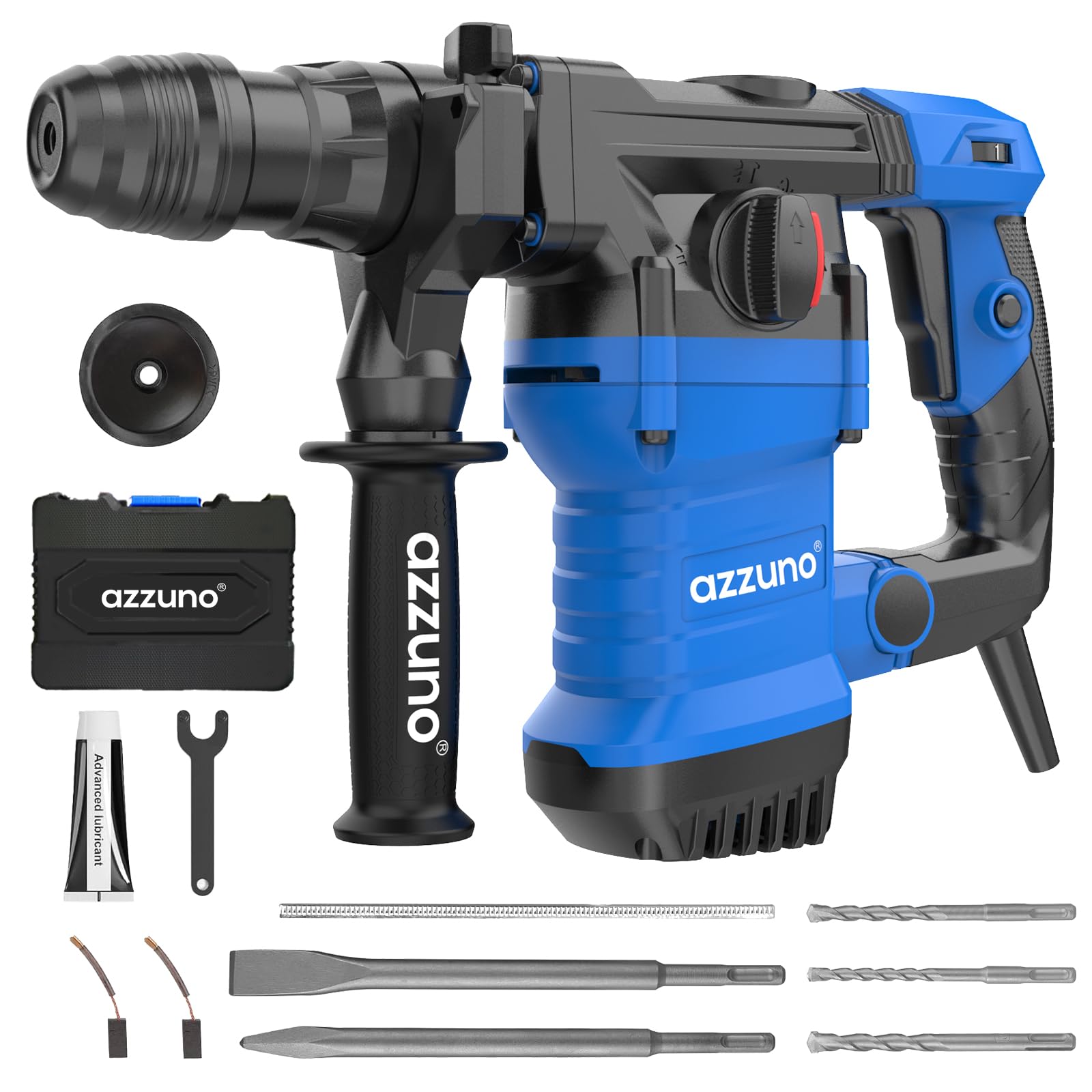 AZZUNO 1-1/4" SDS-Plus 15Amp Heavy Duty Rotary Hammer Drill, 4 Functions, for Drilling in Concrete, Brick and Stone, Includes Chisel and Drill Bits