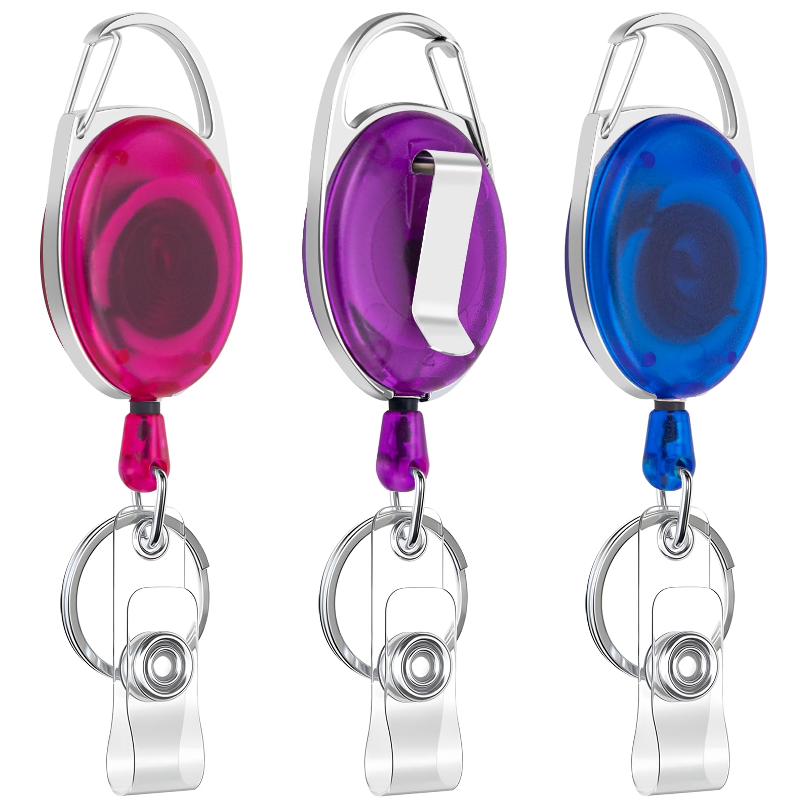 JEFURE 3PCS Retractable Badge Reel, Badge Holder, Extendable Id Card Holder, Lanyard Clip, Extendable Keyring with Clip, Heavy Duty Keychain, Fob Holder (Rose Red, Purple,Dark Blue)