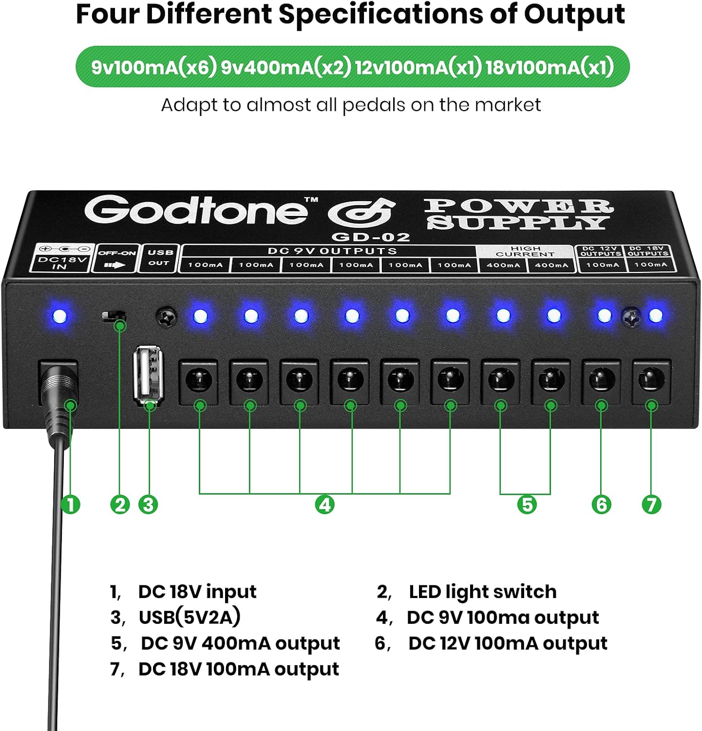 Guitar Pedal Power Supply 10 Way DC Outputs for 9V 12V 18V Effect Pedal with USB(5V2A) Port GD-02