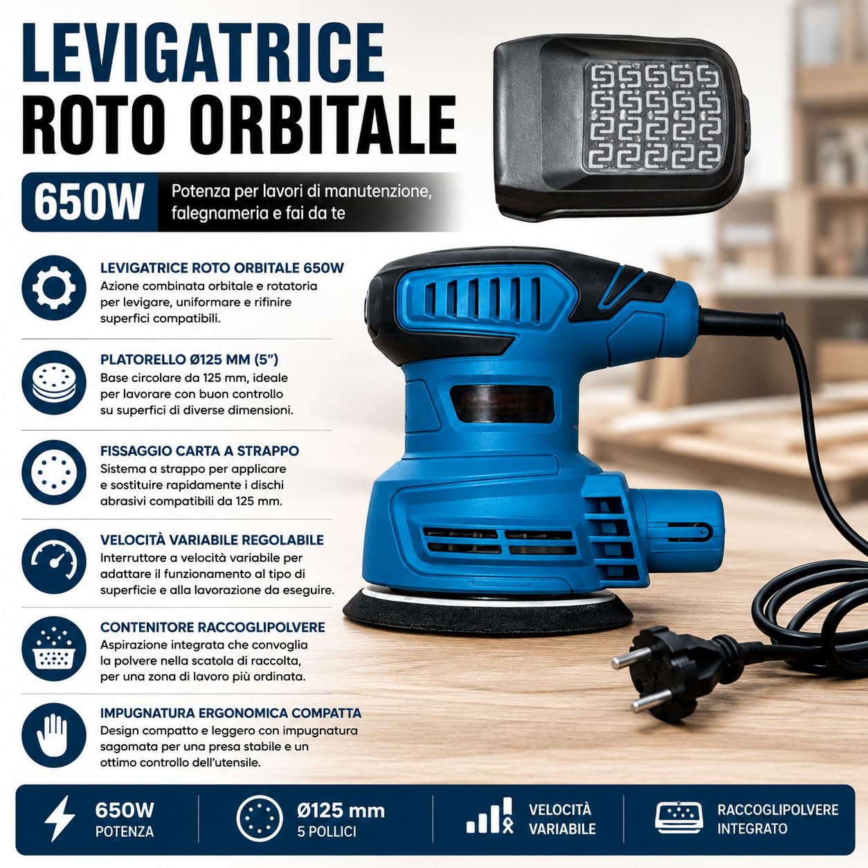 Topolenashop Levigatrice Roto Orbitale Elettrica 650W – Levigatore 125 mm 5" con Velocità Variabile, Platorello a Strappo, Contenitore Raccoglipolvere per Falegnameria | VP10502