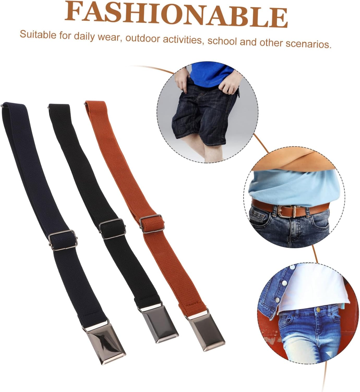 Lurrose 3pcs Adjustable Elastic Waist Belt with Metal Buckle, Stretch Pants Belt for Boys and School Uniforms, Casual Dress, Black Navy Camel Colors