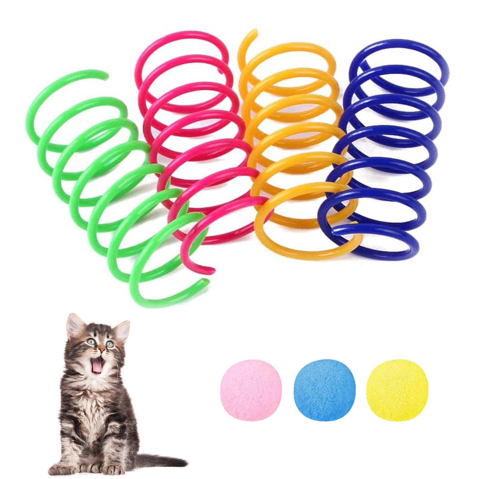 Juguete para Gato Resortes,Juguetes para Gatos En Espiral,4 Piezas Juguetes Coloridos para Gatos,Juguete de Primavera para Gatos,Colorido Juguete para Gatos de Primavera con 3 Pompones para Gatos