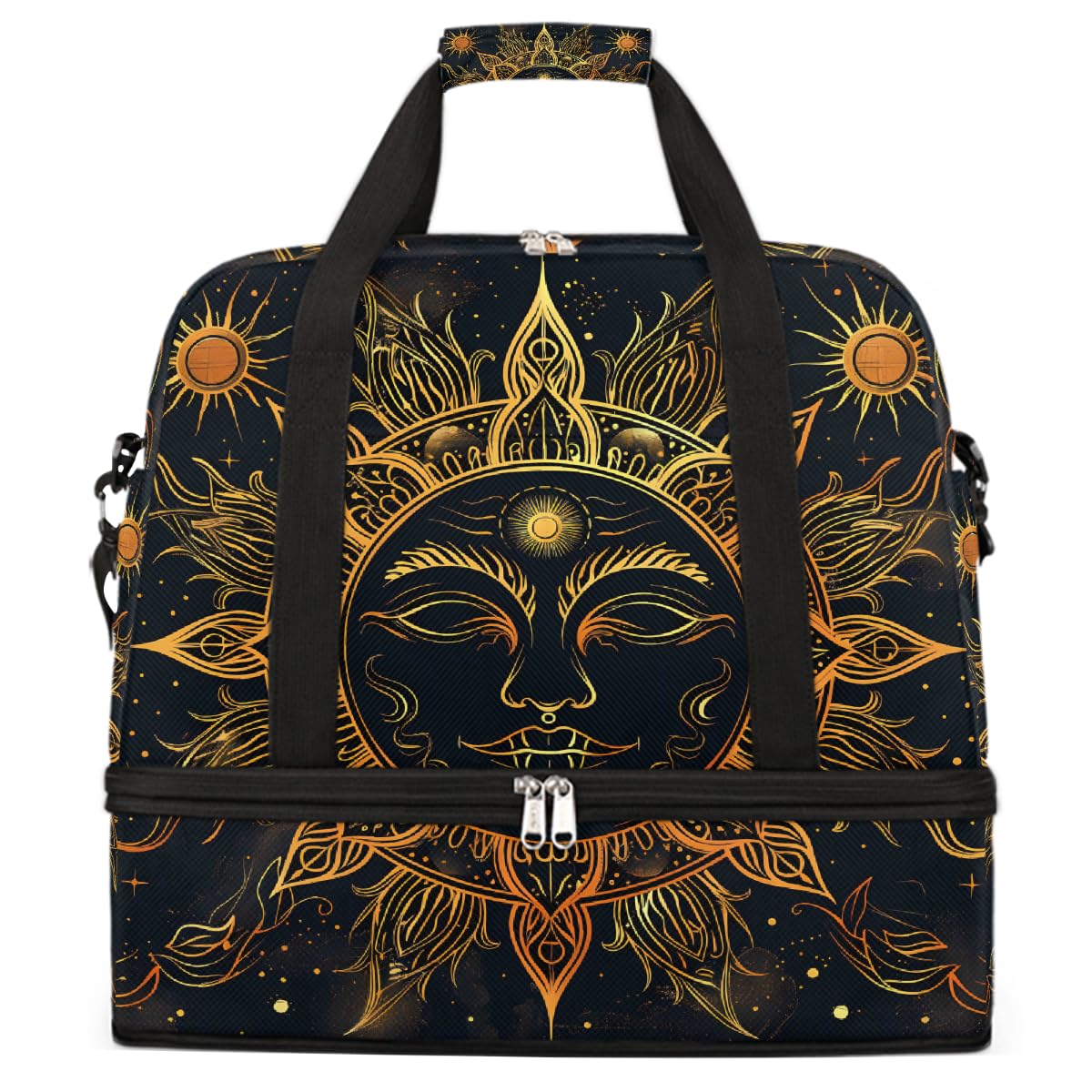 Borsone da viaggio pieghevole con mandala dorato e viso di sole, borsa da palestra espandibile con scomparto per scarpe, grande capacità, borsa da weekender, per viaggi, sport, viaggi notturni