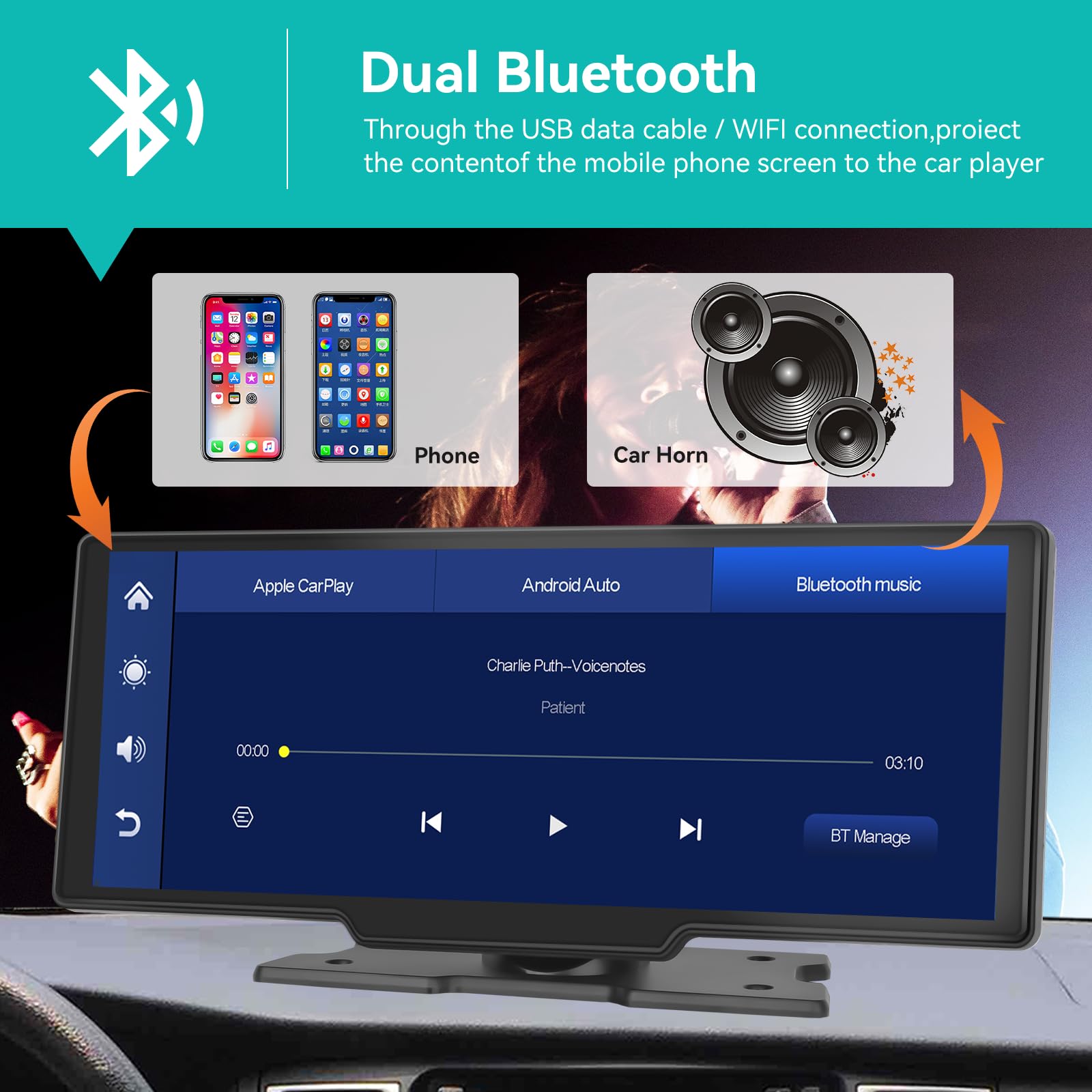 Hodozzy Autoradio Portable 10,26" CarPlay Android Auto - Dashcam 1080P - Bluetooth FM - 64GB Inclus