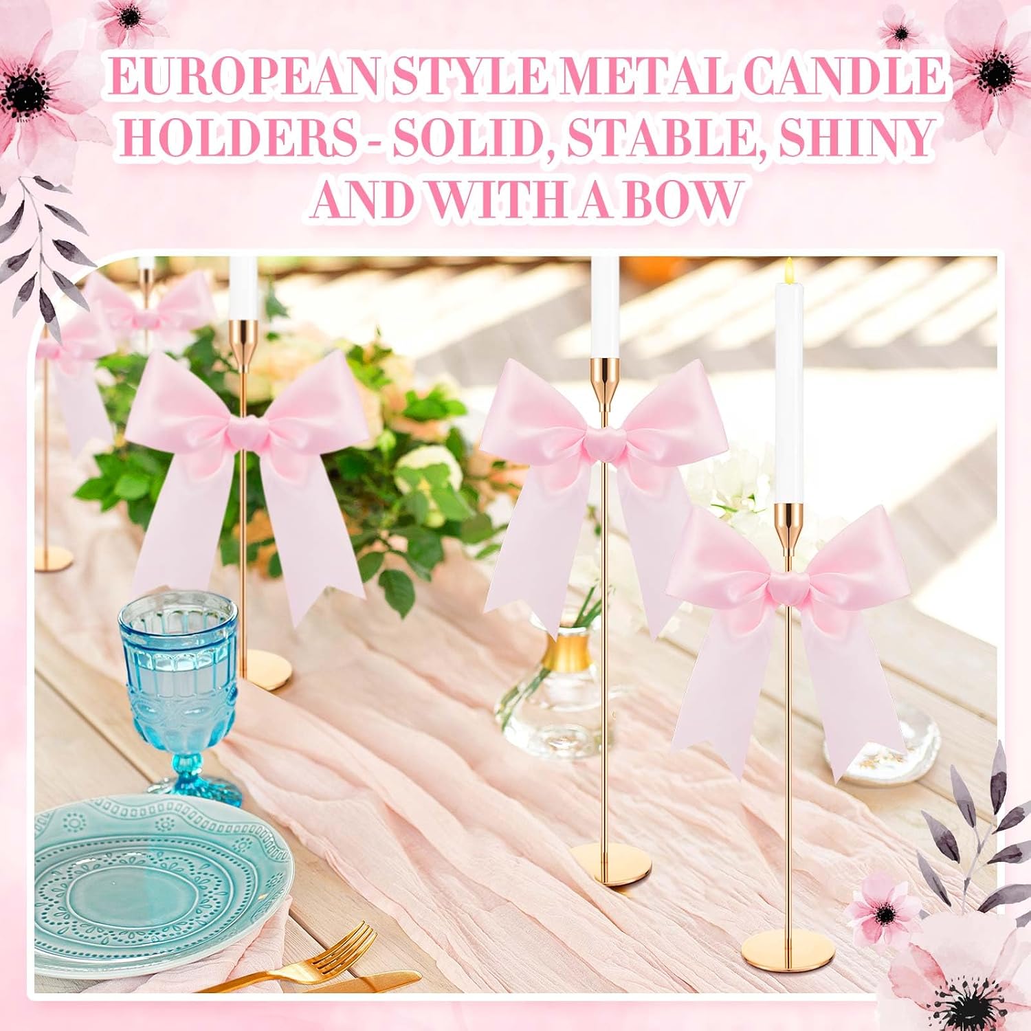 Mumufy 3 Pcs Gold Taper Candle Holders with Pink Bow Metal Candlestick