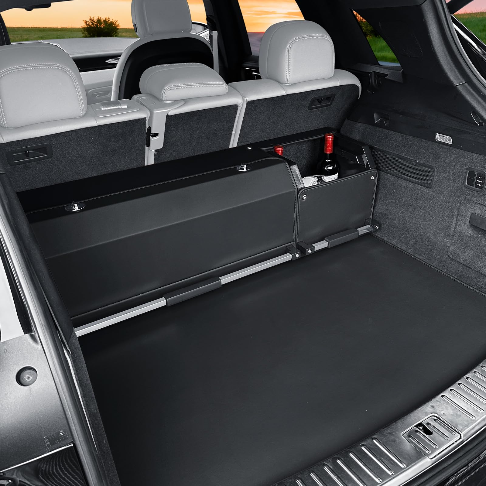 Car Trunk Organizer with Lid, Modular Storage Box, 2 in 1, Large, XXL, Stable Pull Handle, Strong Leather, ABS Frame, with Subboxes, Black, 104 cm