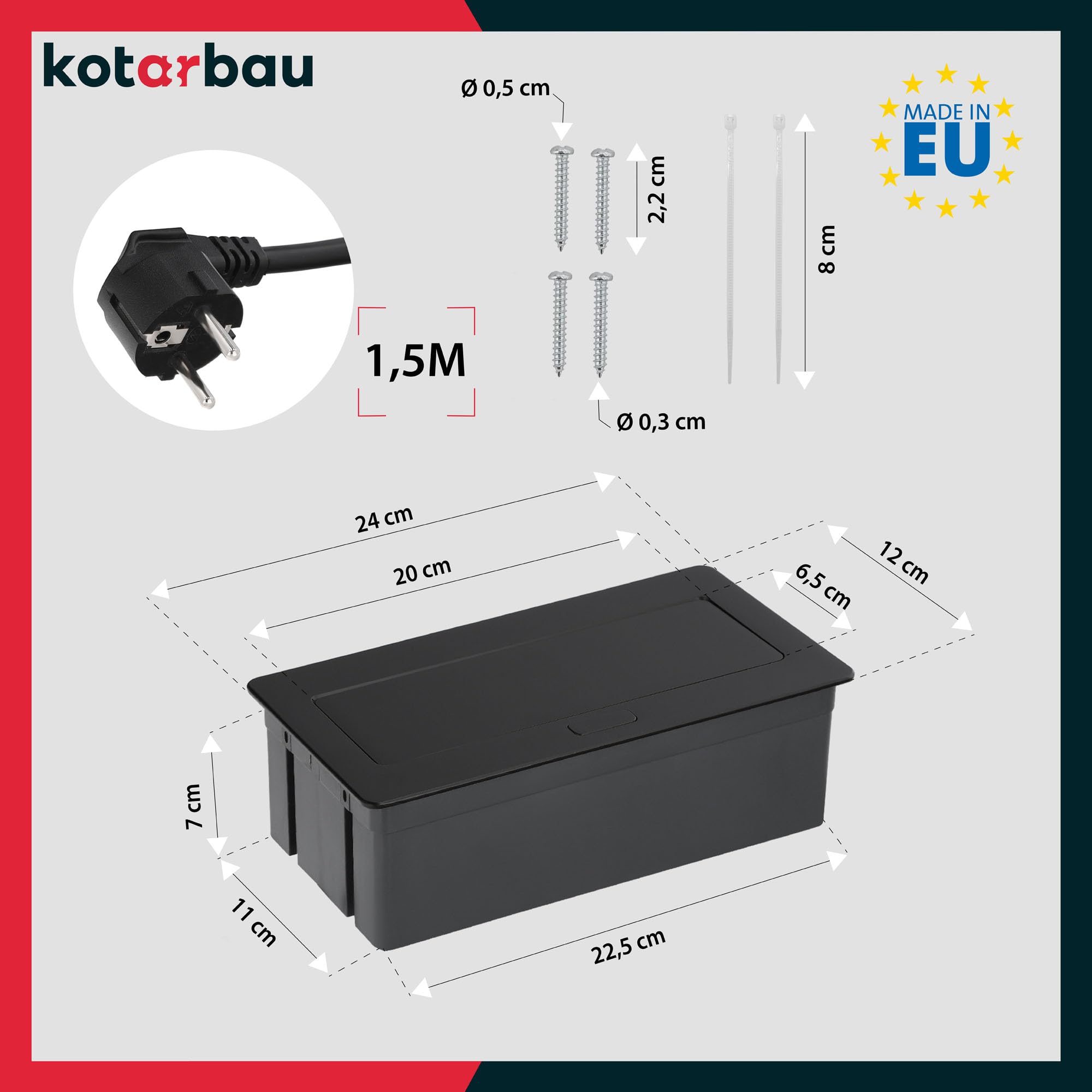 KOTARBAU® - Ciabatta elettrica a 2 prese, con porte USB, in alluminio, colore nero