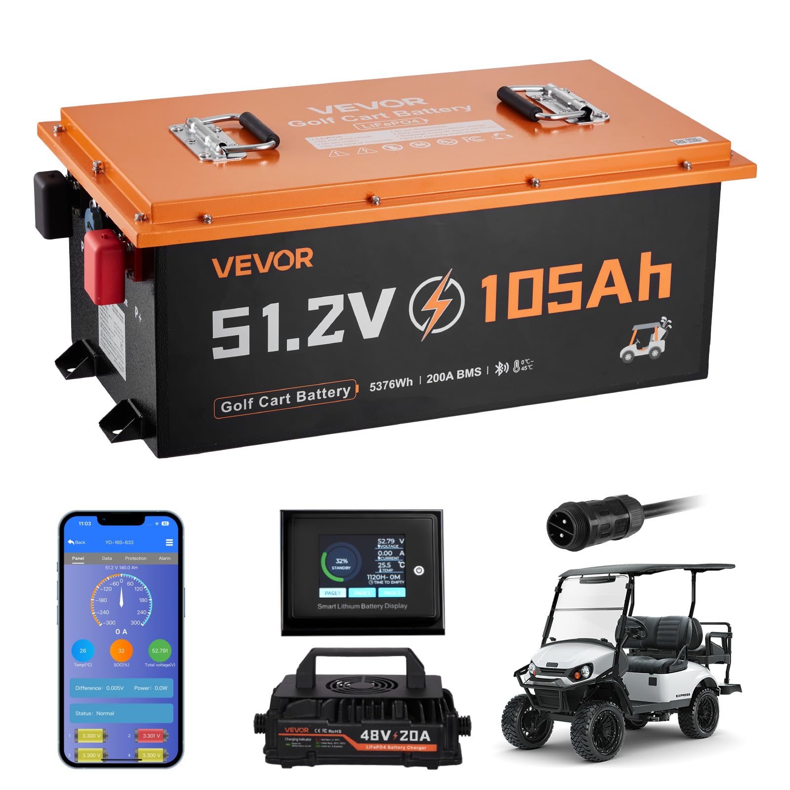 VEVOR 48V (51.2V) 105AH Lithium Golf Cart Battery, with 18A Charger, Lifepo4 Battery Kit, Built-in 200A BMS, with Bluetooth & Touch Monitor, 4000 Cycles, Metal Case, for Golf Carts, Trolling Motors