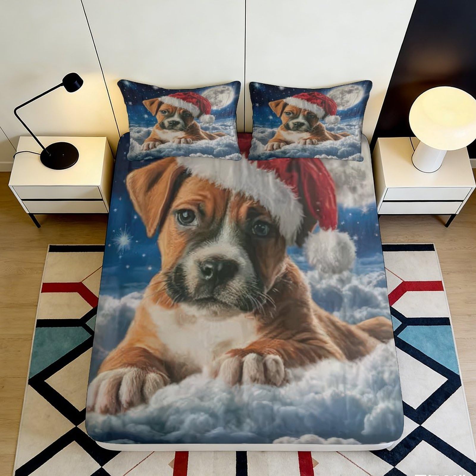 3D Printed Christmas Puppy Fitted Sheet Microfiber Soft Non-Slip Santa Dog Bed Cover for Bedroom Dorm Easy Care 180x200x25cm