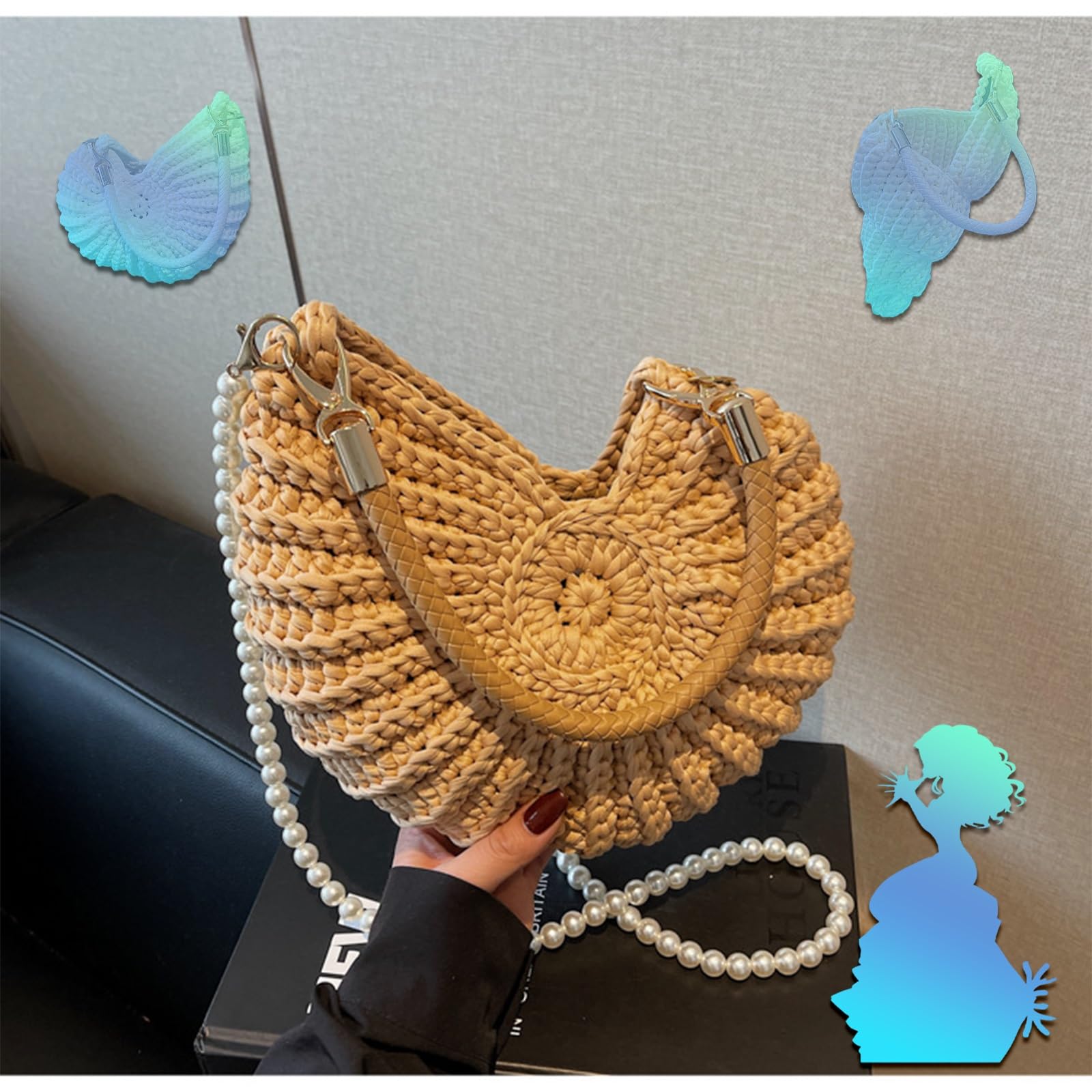 Bolso Bandolera de Crochet Artesanal en Forma de Concha con Correa de Perlas, Asa de Cuero y Herrajes Dorados, Clutch Boho Diseño Concha, Tote de Playa para Vacaciones de Verano