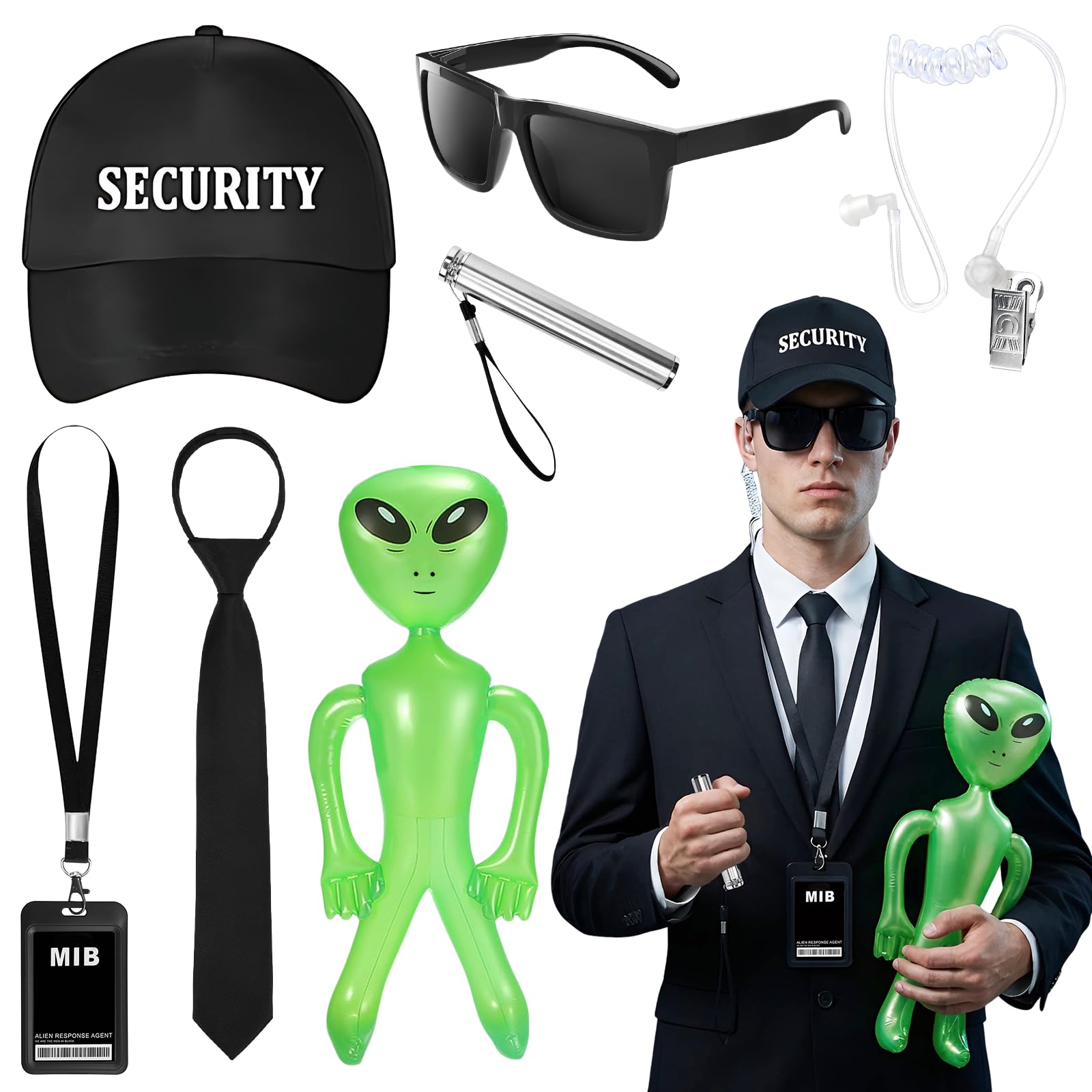 Kyndara 7Pcs Agent Costume Accessory Set, Secret Security Guard Outfit Kit with Hat Sunglasses Headphones Ties ID Card Inflatable Green Aliens for Men Halloween MIB Cosplay Theme Party — image 1