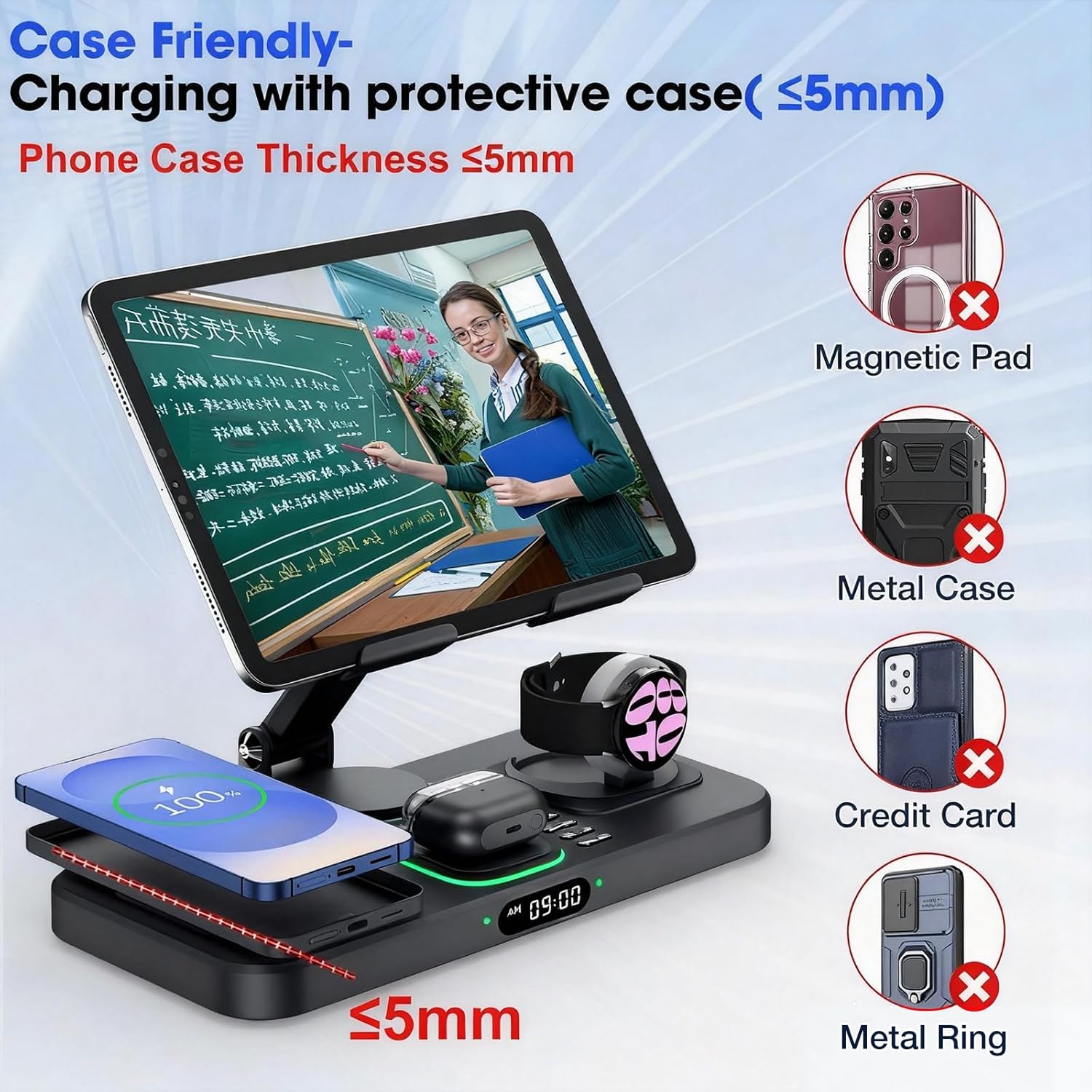 30W Tablet Wireless Charger for Samsung, Foldable Android Charging Station with Clock Display with 7-Color Light, Wireless Watch Charger for S25, Only Compatible Samsung Watch, Galaxy Buds3 Pro(Black - Image 8