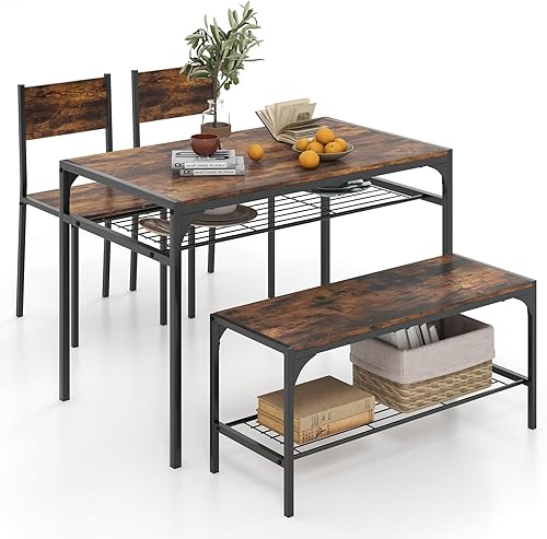 Miniatura 12 de Juego de mesa de comedor Giantex para 4, mesa de cocina con banco y sillas, juego de mesa de comedor con banco para reuniones industriales con marco