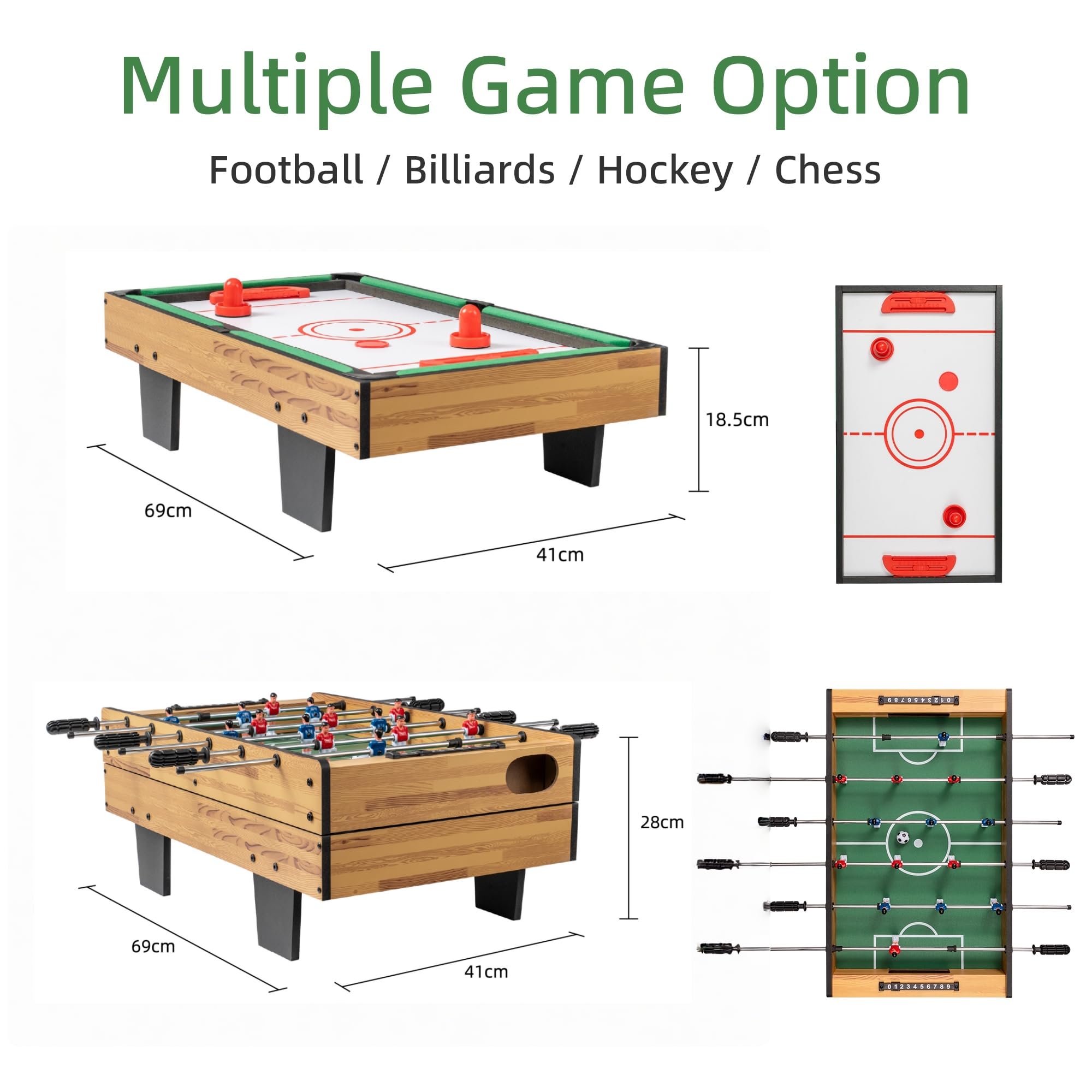 4 in 1 Multitisch Spieltisch für Kinder & Erwachsene - Mini Tischkicker, Billard, Airhockey & Schach - Platzsparendes Kombi Tischspiel Set für Familie & Party (69x41cm)