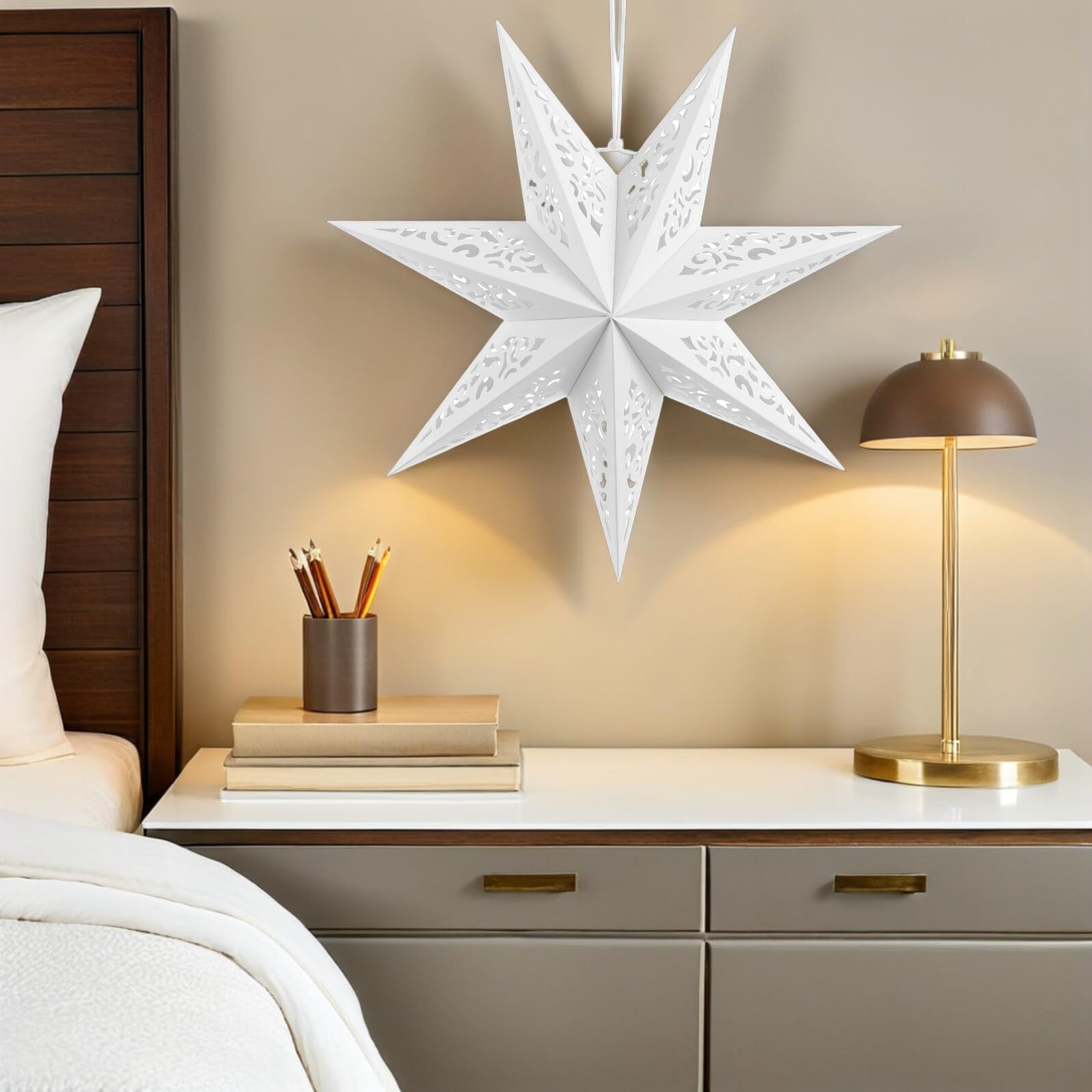 Abat-jour Étoile Ajouré en Papier Blanc, 45cm Décoration Festive
