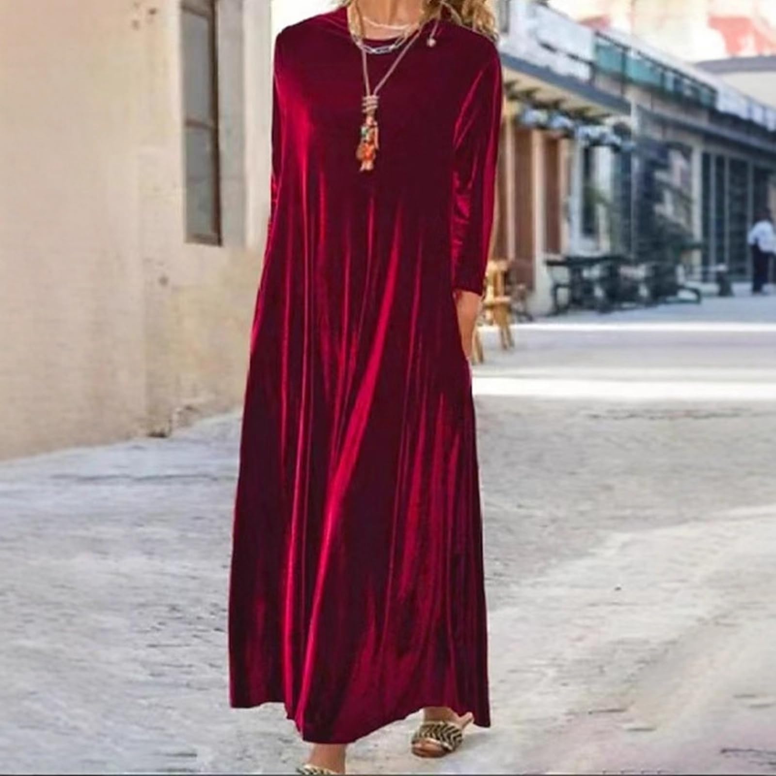Robe longue en velours pour femme - Col rond - Manches longues - Coupe ample - Idéale comme tenue d'invité de mariage - Idéale pour les cocktails, les soirées