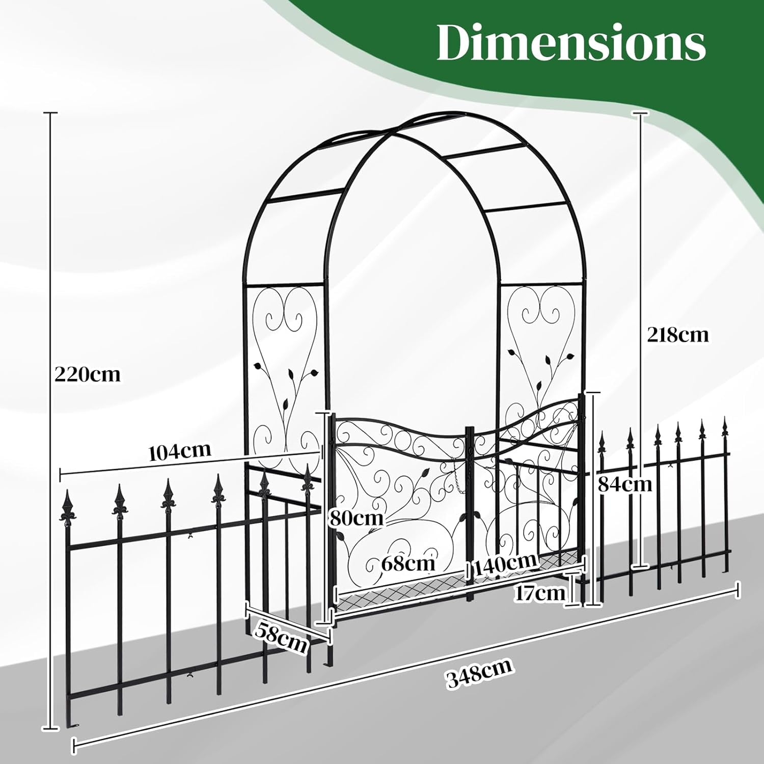 Bonnlo Arche de Jardin avec Portail et Clôture, Arche en Fer pour Plantes Grimpantes et Rosiers, Tonelle Jardin pour Mariages, Fêtes et Décorations Extérieures, Noir