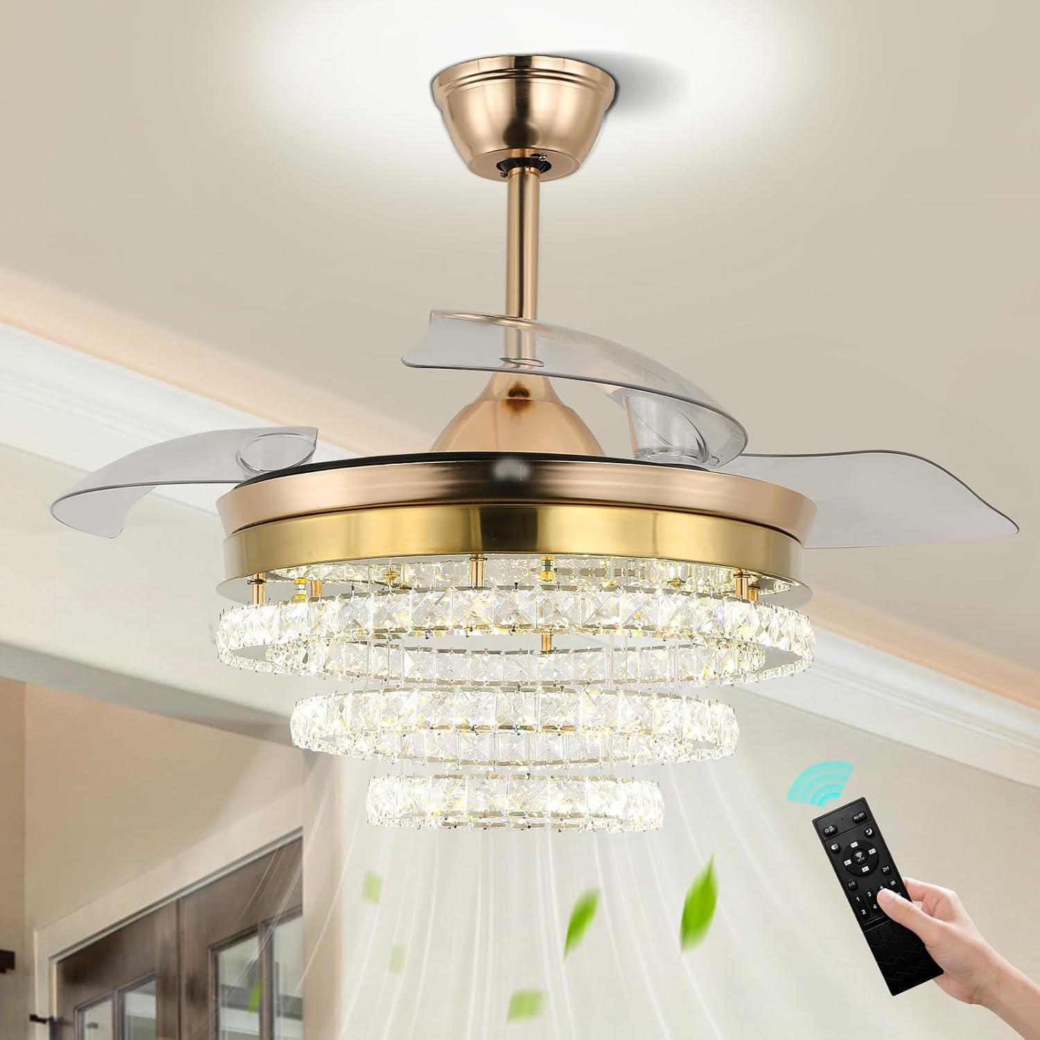 FRIXCHUR 42″ Dimmable Fandelier Crystal Chandelier Retractable Ceiling Fan with LED Lights 3‑Color Change Retractable Blades Adjustable Chandelier 6 Wind Speeds Quiet Remote for Living Room Bedroom