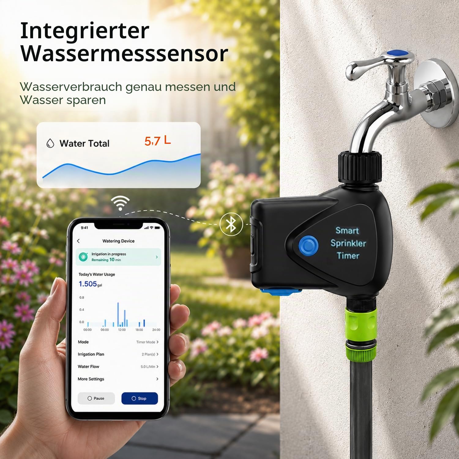 WLAN Bewässerungscomputer: Smart Bewässerungstimer mit Wasserverbrauchsmessung, App-Fernsteuerung, Regenverzögerung, Automatischer Gartenhahn-Timer für Balkon, Garten, Rasen