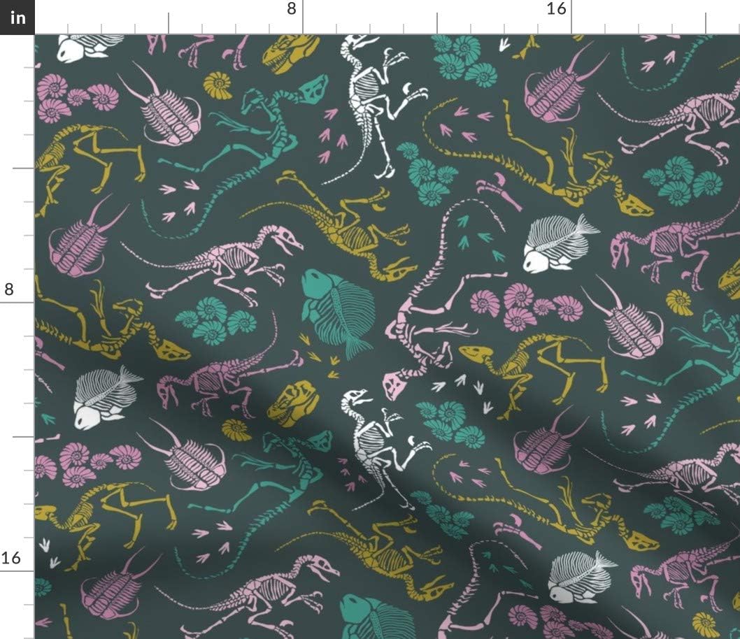 Spoonflower Fabric - Dinosaurs Shells Bones Skeleton Princess Teal Mustard Pink Green Printed on Petal Signature Cotton Fabric by The Yard - Sewing Quilting Apparel Crafts Decor