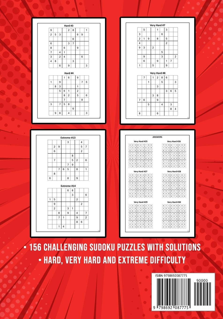 Extreme Sudoku Puzzle Book for Adults: Hard to Extremely Hard | 156 Difficult Puzzles