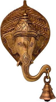 Purpledip Brass Antique finish Ganesha Head with Bell Wall hanging 10768b