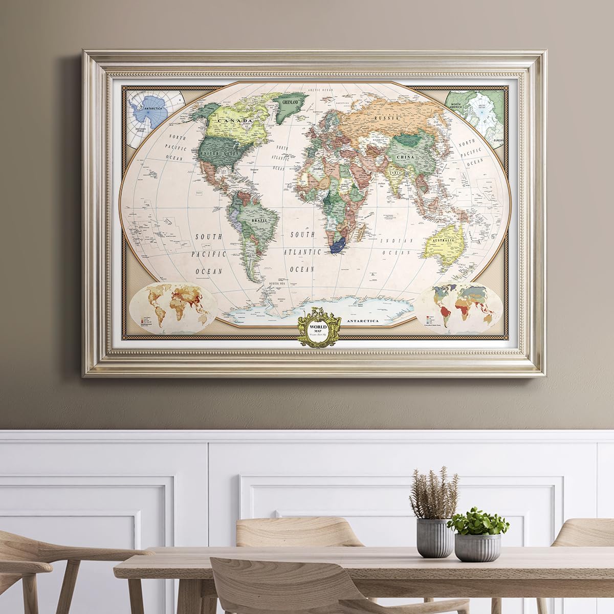 Renditions Gallery Colorful World Map Canvas Wall Art with Modern Silver Frame Wall Hanging Travel Map with Push Pins for Home, Office, Classroom