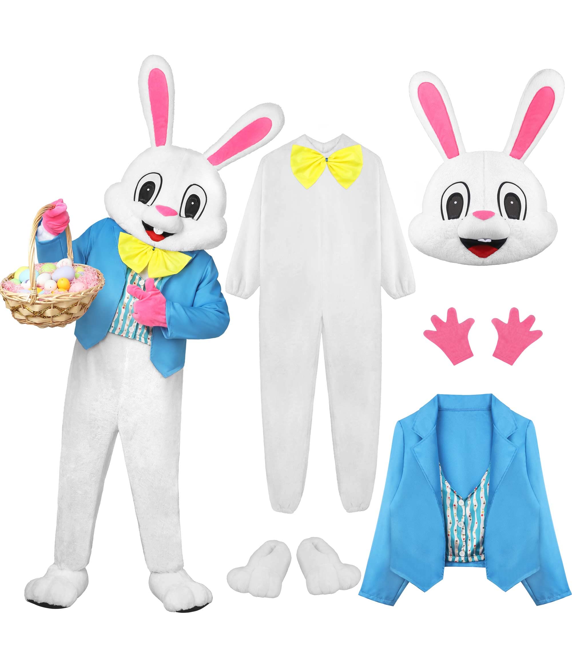 SOMSOC 6 Pack Easter Rabbit Costume Bunny Costume Set Mascot Costume One Piece Suit Waistcoat Bow Tie Shoes Party Favors