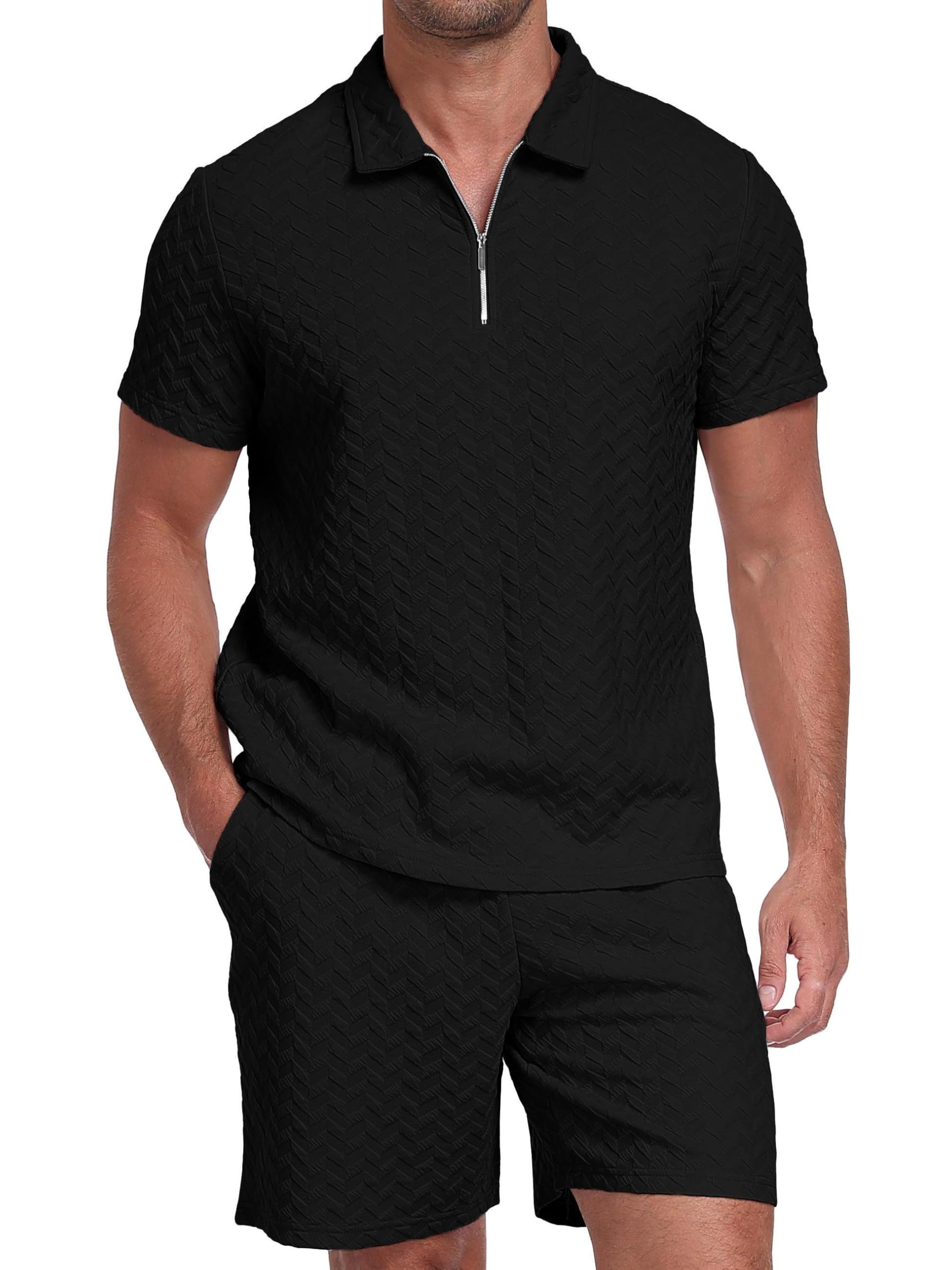 QIXING Survêtement 2 pièces pour homme - Short d'été et t-shirt avec demi-fermeture éclair - Polo - Survêtement pour homme