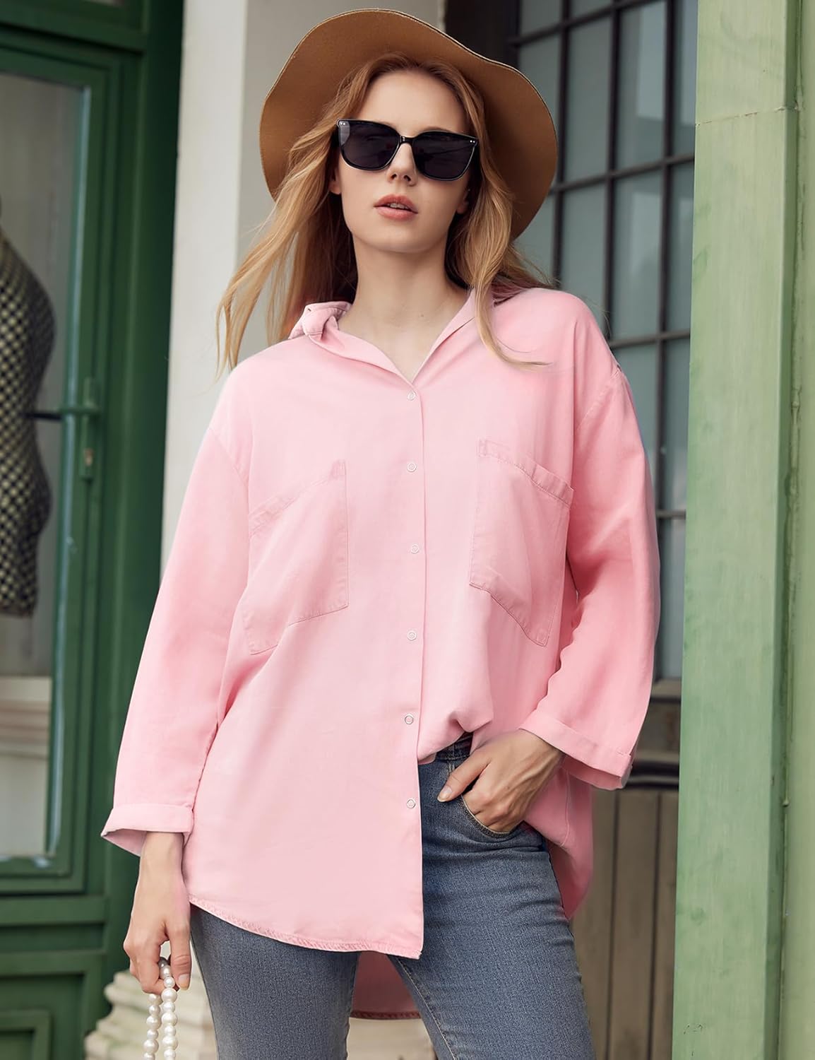 Yimoon Womens Denim Shirts Chambray Button Down Jean Shirt Denim Tencel 3/4 Sleeve Tops - Image 3