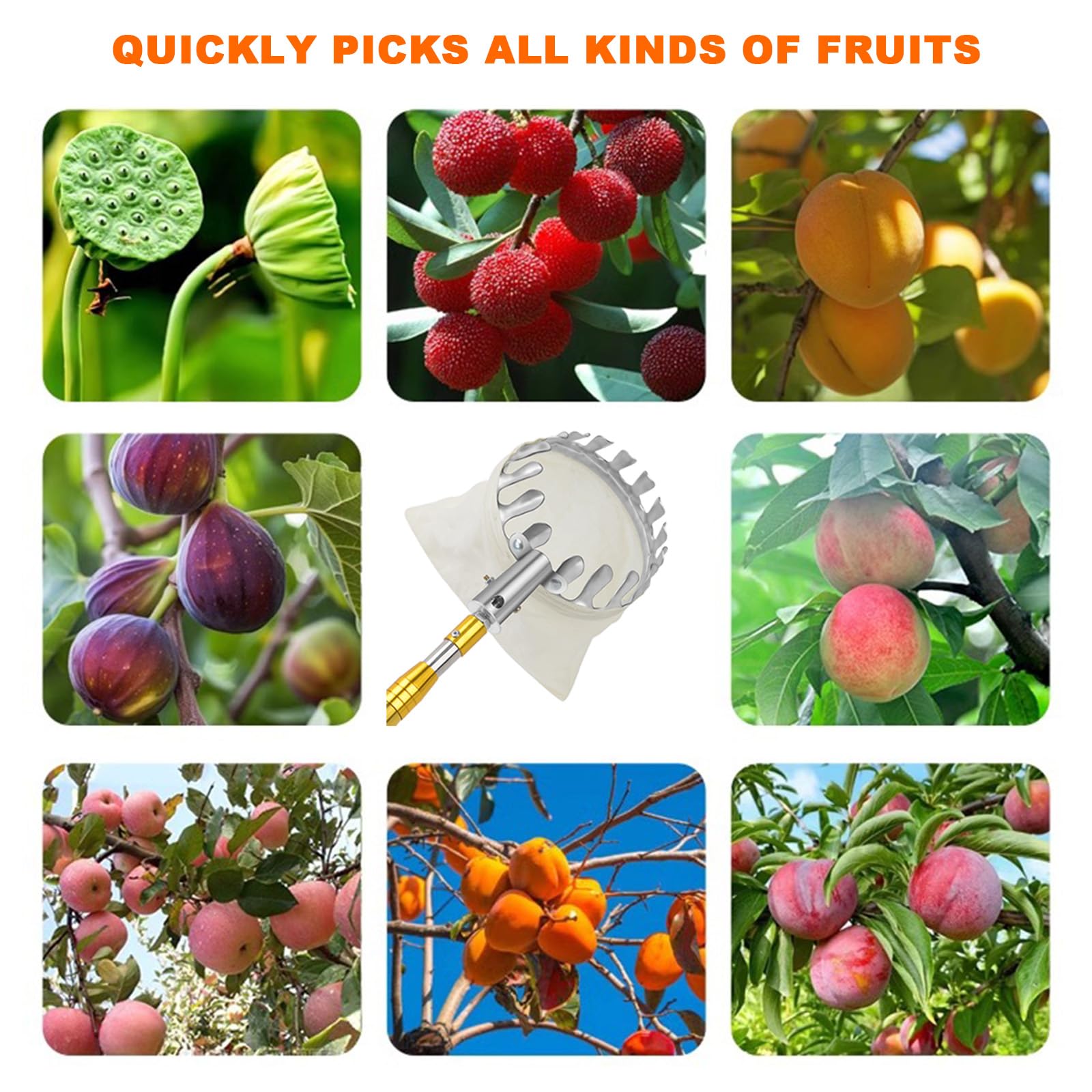 Cueille Fruit Telescopique avec Sac Cueilleur de Fruits avec Manche Télescopique en Acier Inoxydable Cueille Cerise Ramasse Fruit pour La Récolte De Poire Citron Orange Outil Cueillette Jardin