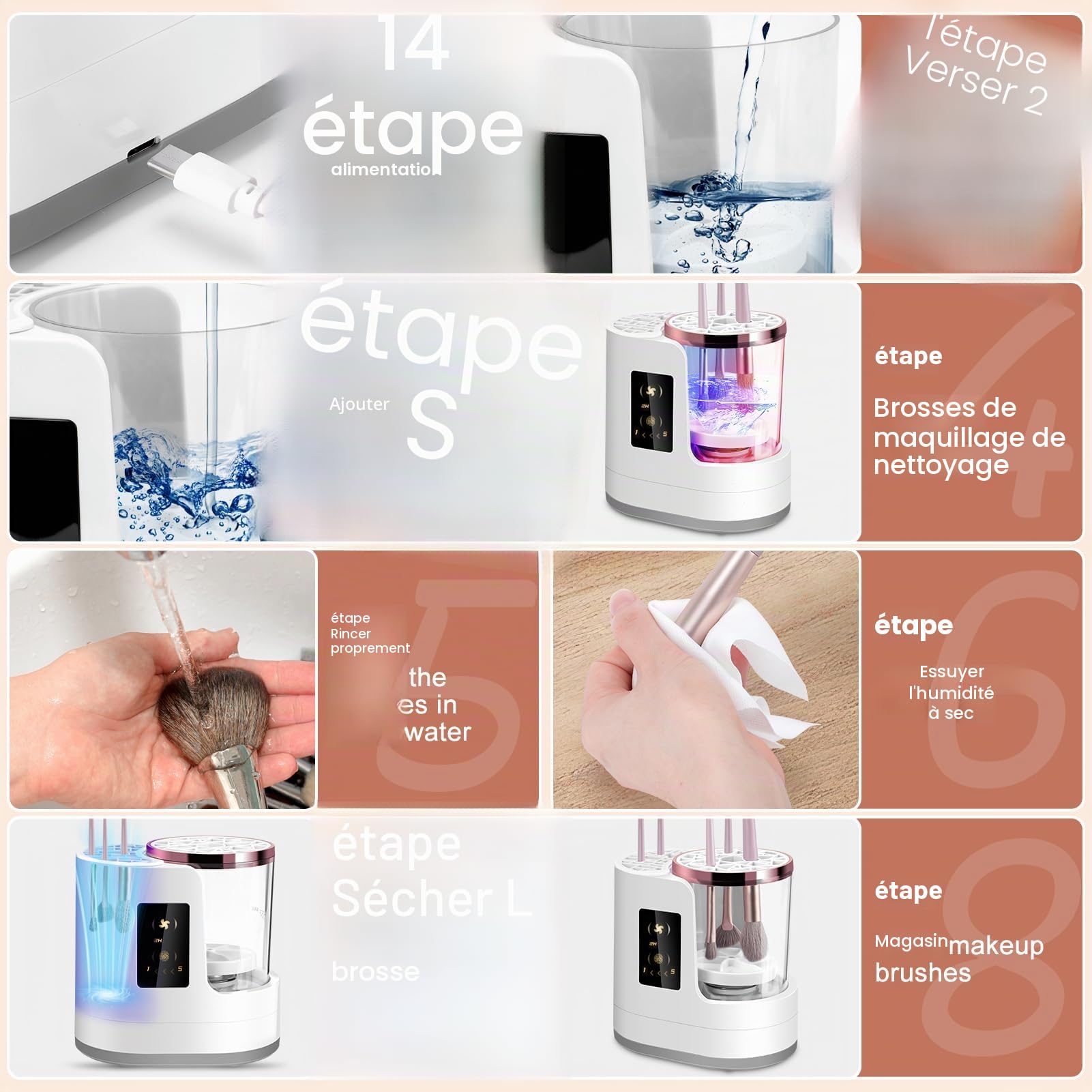 Nettoyeur automatique de pinceaux de maquillage 3 en 1 avec nettoyeur automatique de séchage et de stockage, nettoyeur de pinceaux de maquillage électrique Outil de nettoyage pour tous les