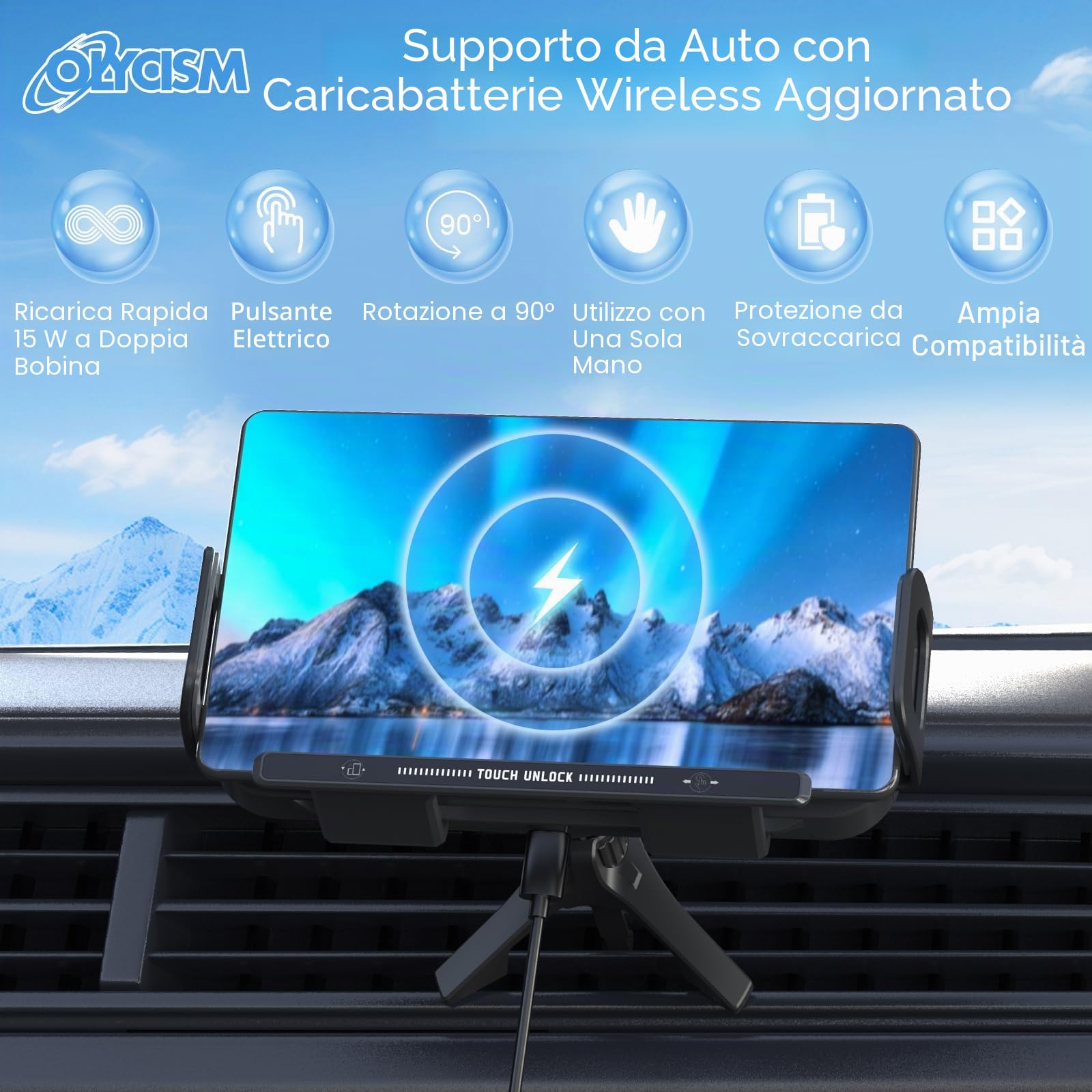 Caricabatterie da auto wireless Olycism girevole a 90 gradi per Galaxy Z Fold/Flip con caricabatterie rapido wireless QC 3.0 a doppio scomparto da 15 W compatibile con Z Fold/Flip 7, 6, 5 e 4