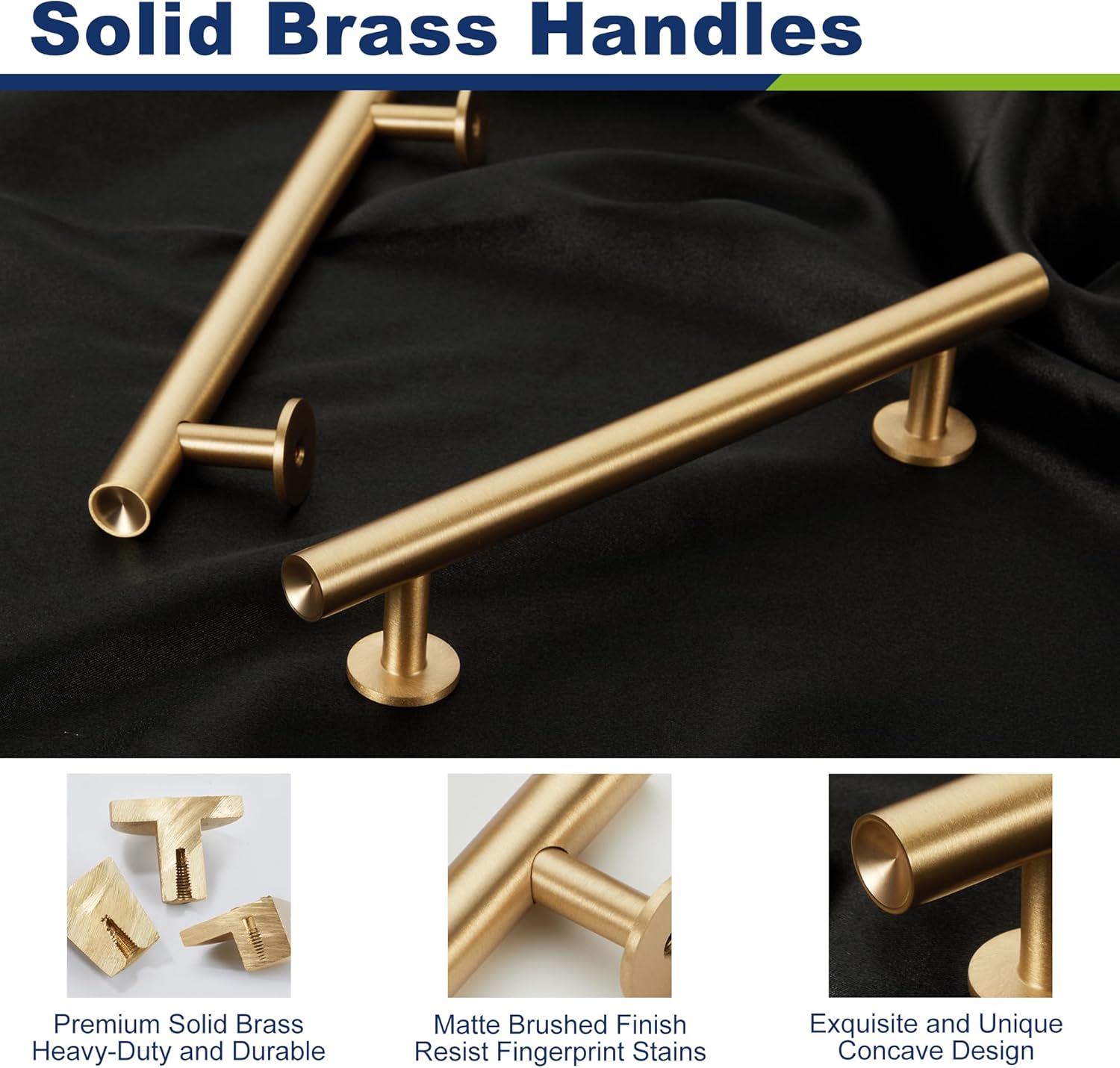 6-Pack Solid Brass Cabinet Pulls, Gold Kitchen Cabinet Handles, Gold Dresser Drawer Pulls, Modern Furniture Hardware, 5 Inch Hole Center, Brushed Finish