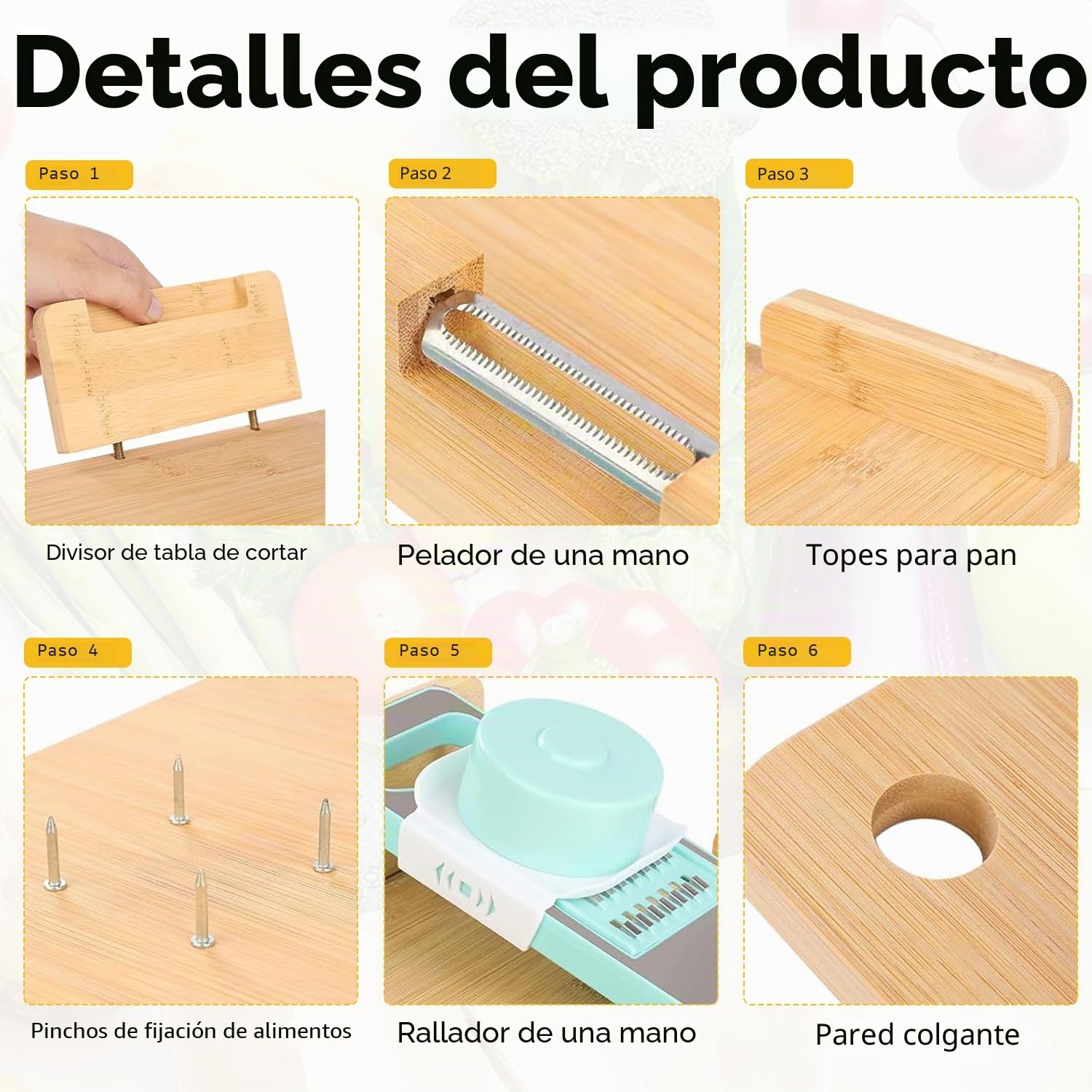 Tabla de cortar con una sola mano, 6 en 1, con topes y picos, antideslizante, tabla de cortar de madera adaptativa con una sola mano, para amputados y discapacitados, tabla de cocina multifunción para