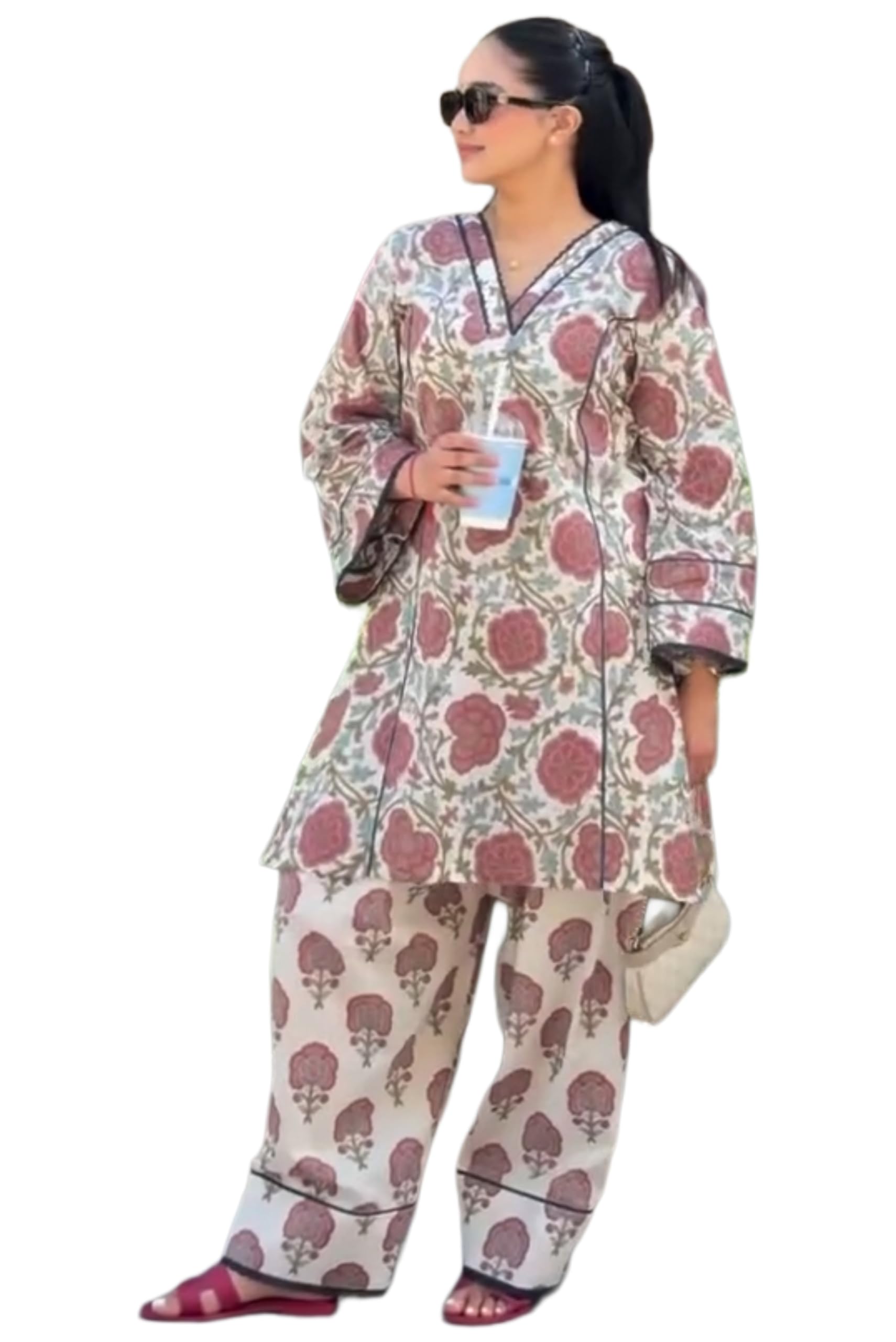anni designer Farshi Salwar Suit for Women Cotton Printed | Co Ord Set for Woman | Straight Kurta Salwar Outfit V-Neck Long Sleeve Ethnic Dress Womens Clothing-picture-41