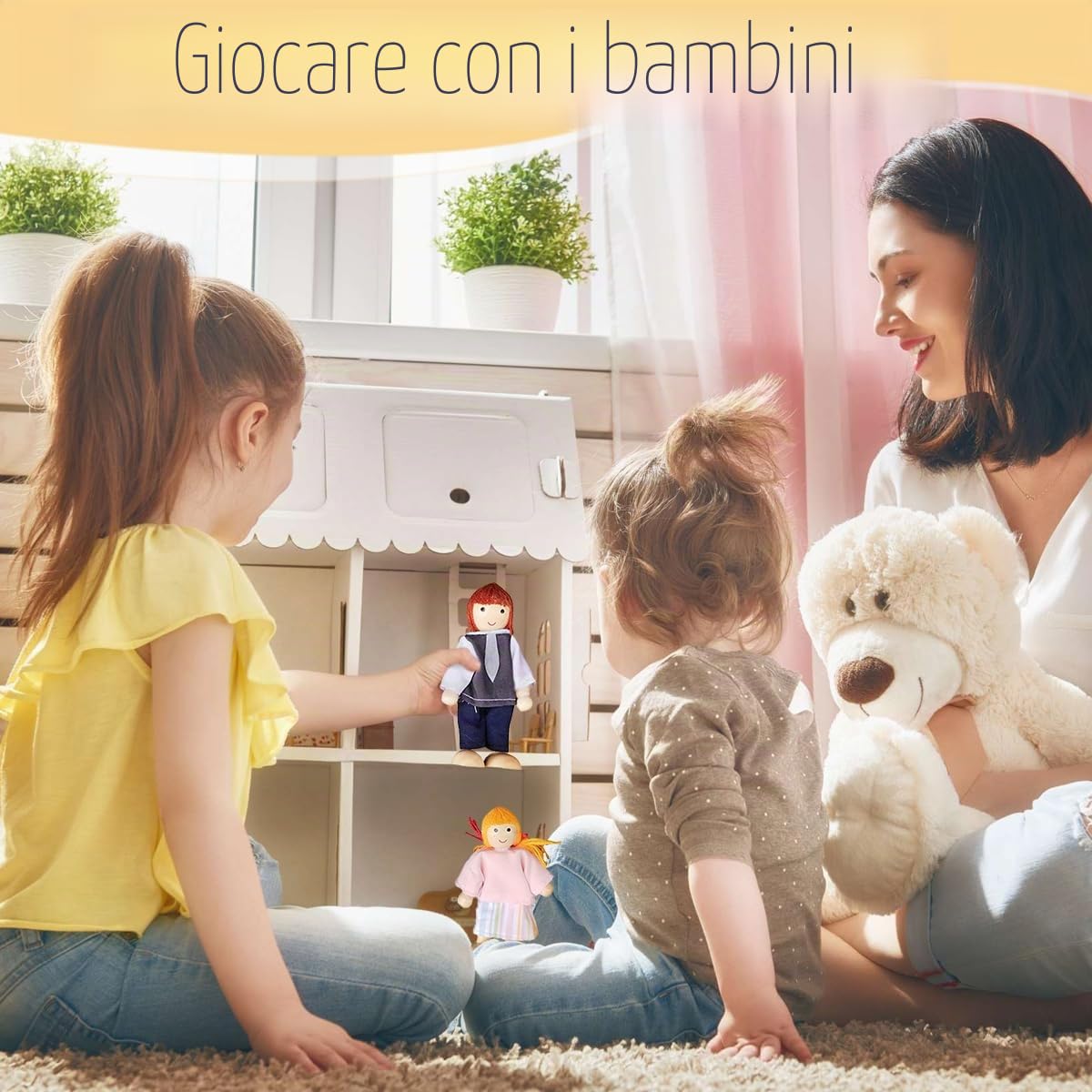Ruikdly Casa delle bambole in Legno 13 pezzi Bambole per Casa Delle Bambole con Gatto e Cane Famiglia Figure Pieghevoli