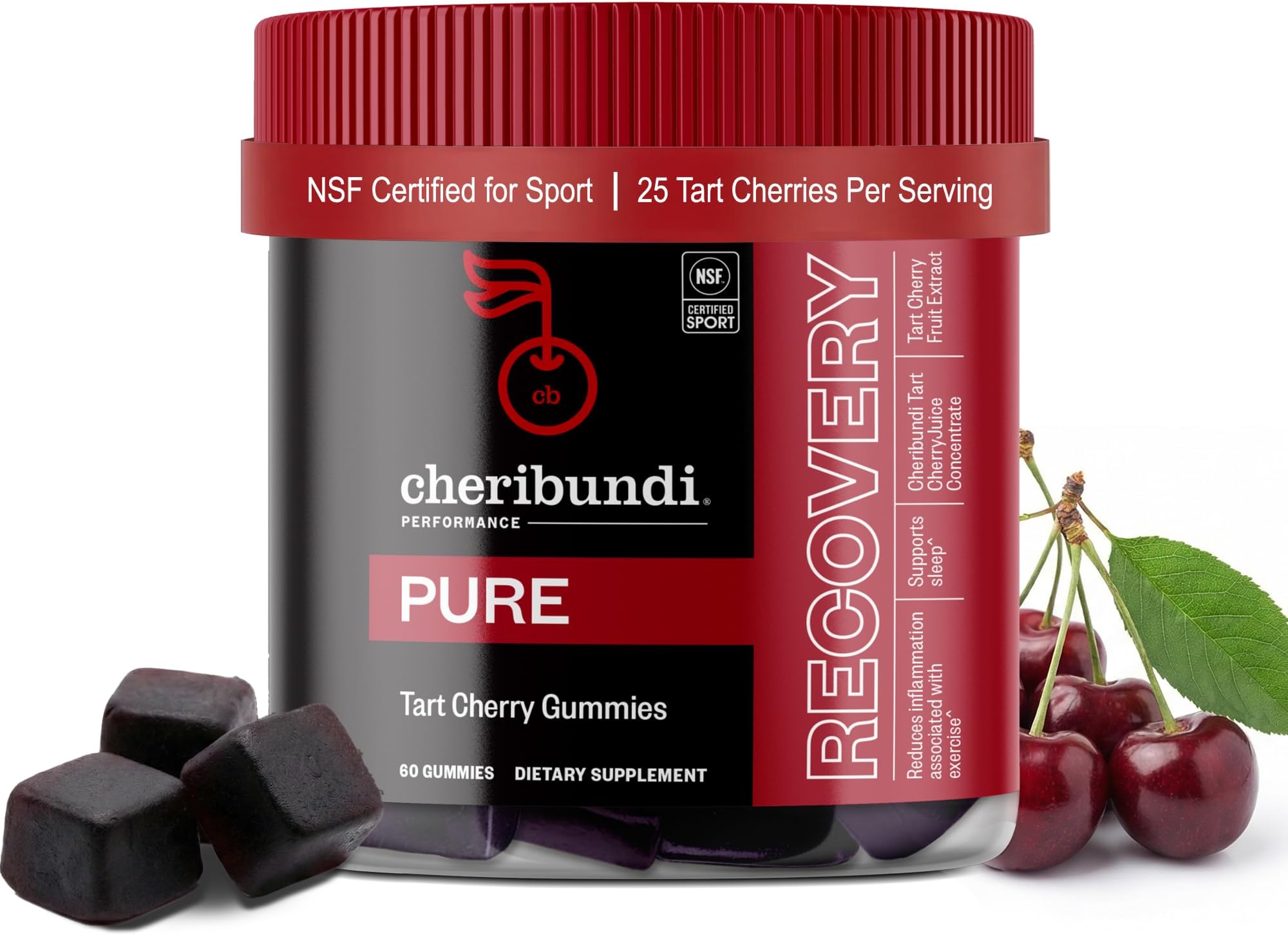 Cheribundi Tart Cherry Gummies Pure | Performance for Maximum Recovery with 25 Tart Cherries | Powerful Antioxidant Support, Non-GMO, Gluten-Free, Vegan | 20 Calories per Serving | 60 Count