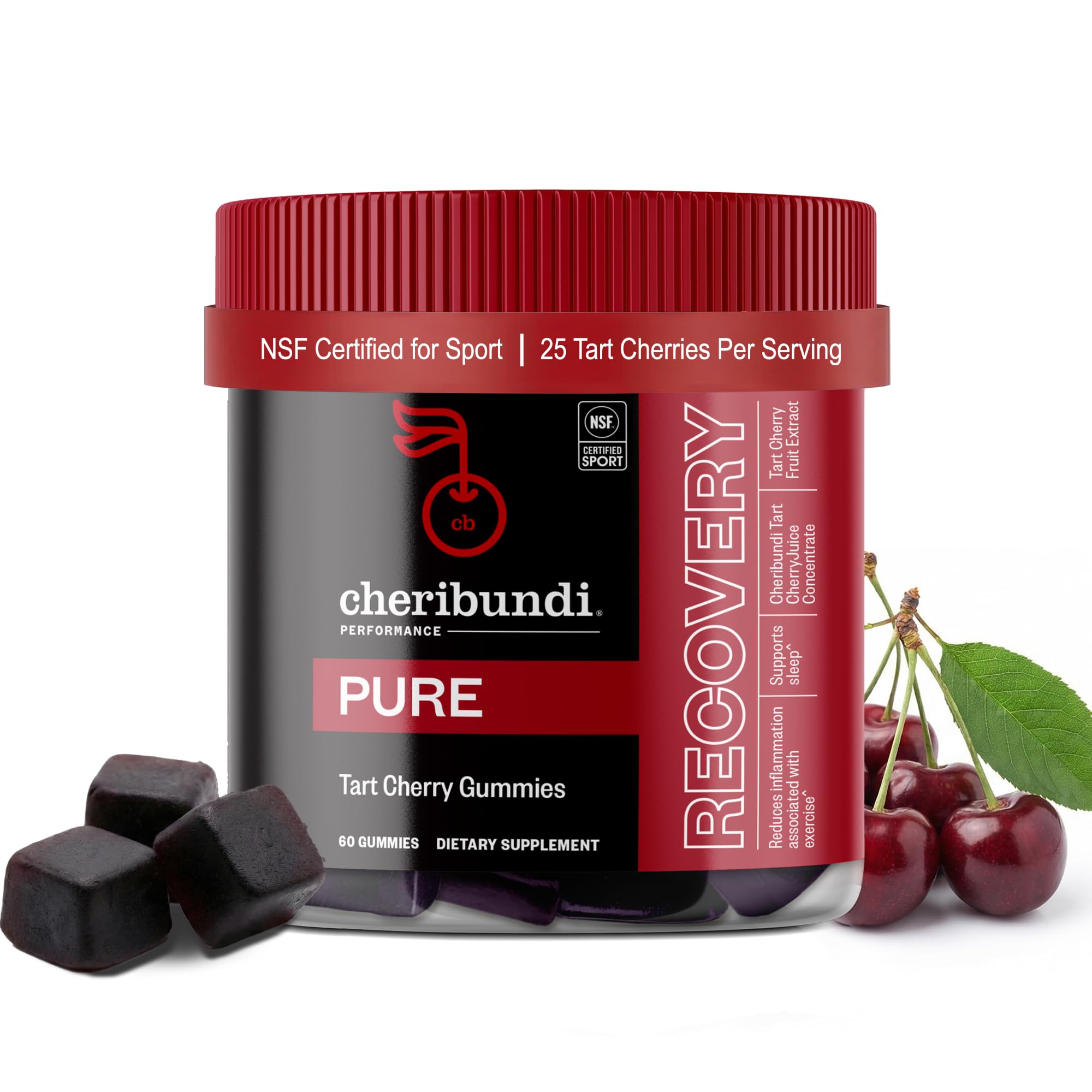 Cheribundi Tart Cherry Gummies Pure | Performance for Maximum Recovery with 25 Tart Cherries | Powerful Antioxidant Support, Non-GMO, Gluten-Free, Vegan | 20 Calories per Serving | 60 Count