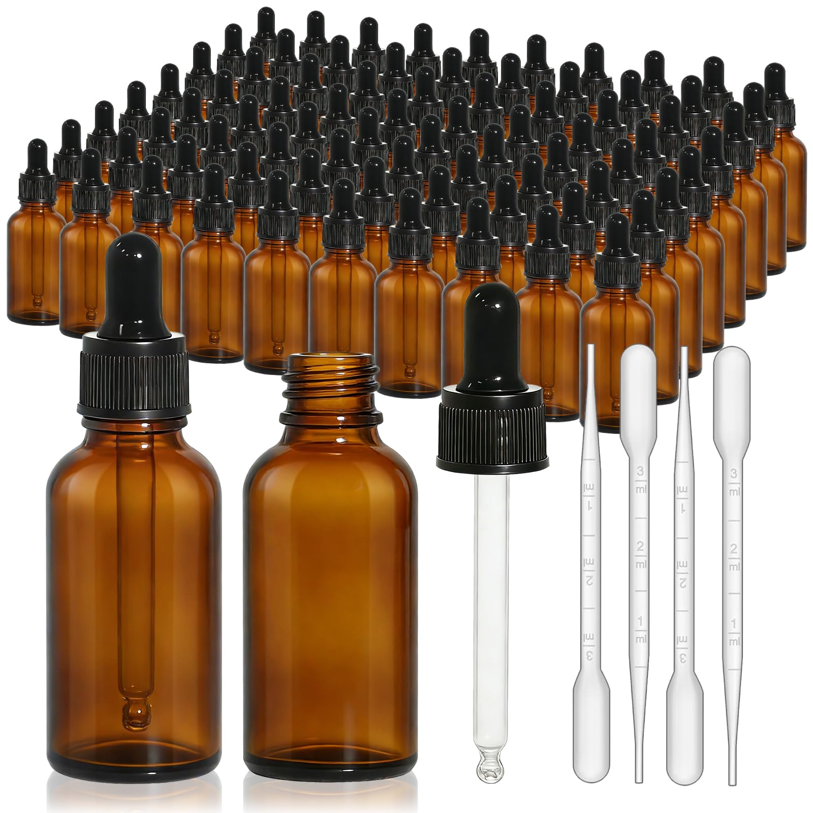 turvono 80 Pack 1oz Amber Glass Dropper Bottles, 30ml Leakproof Eye Dropper Bottles with Glass Droppers for Essential Oils, Tinctures, Serum, Hair Oil