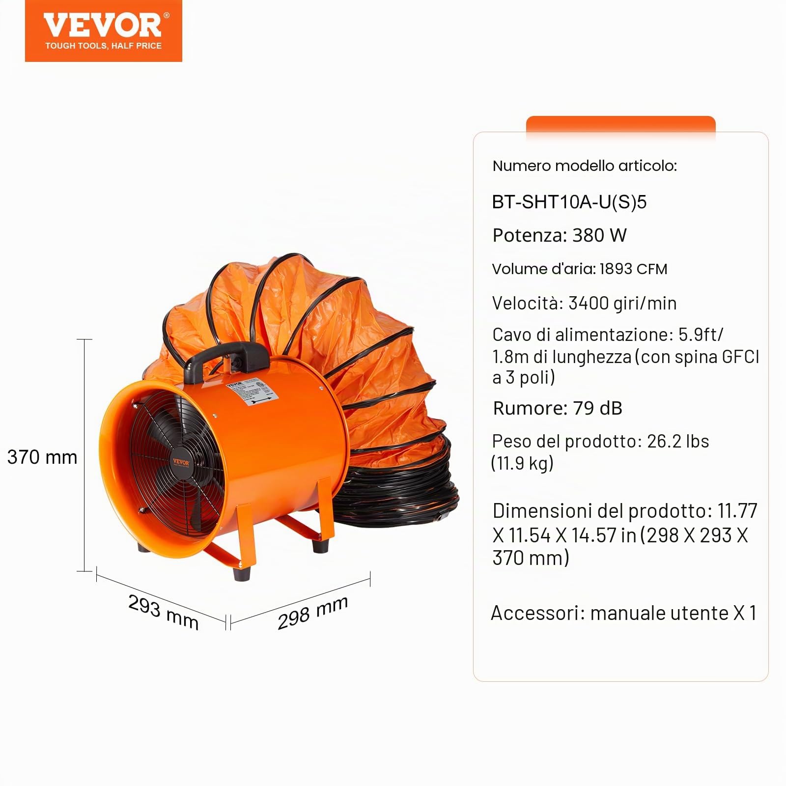 VEVOR Ventilatore di Scarico Motore 255W Estrattore d'Aria Condotto Industriale 254 mm Tubo di Scarico 5m Volume d'Aria 1720 CFM Ventilatore di Scarico per Estrarre Polvere Fumo Velocità 2830 giri/min