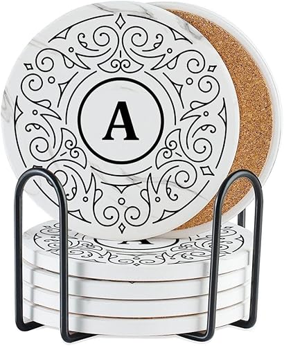 Miniatura 7 de Juego de 6 posavasos con monograma, letra inicial, cerámica, absorbente con base de corcho, decoración del hogar para familia, inauguración de la