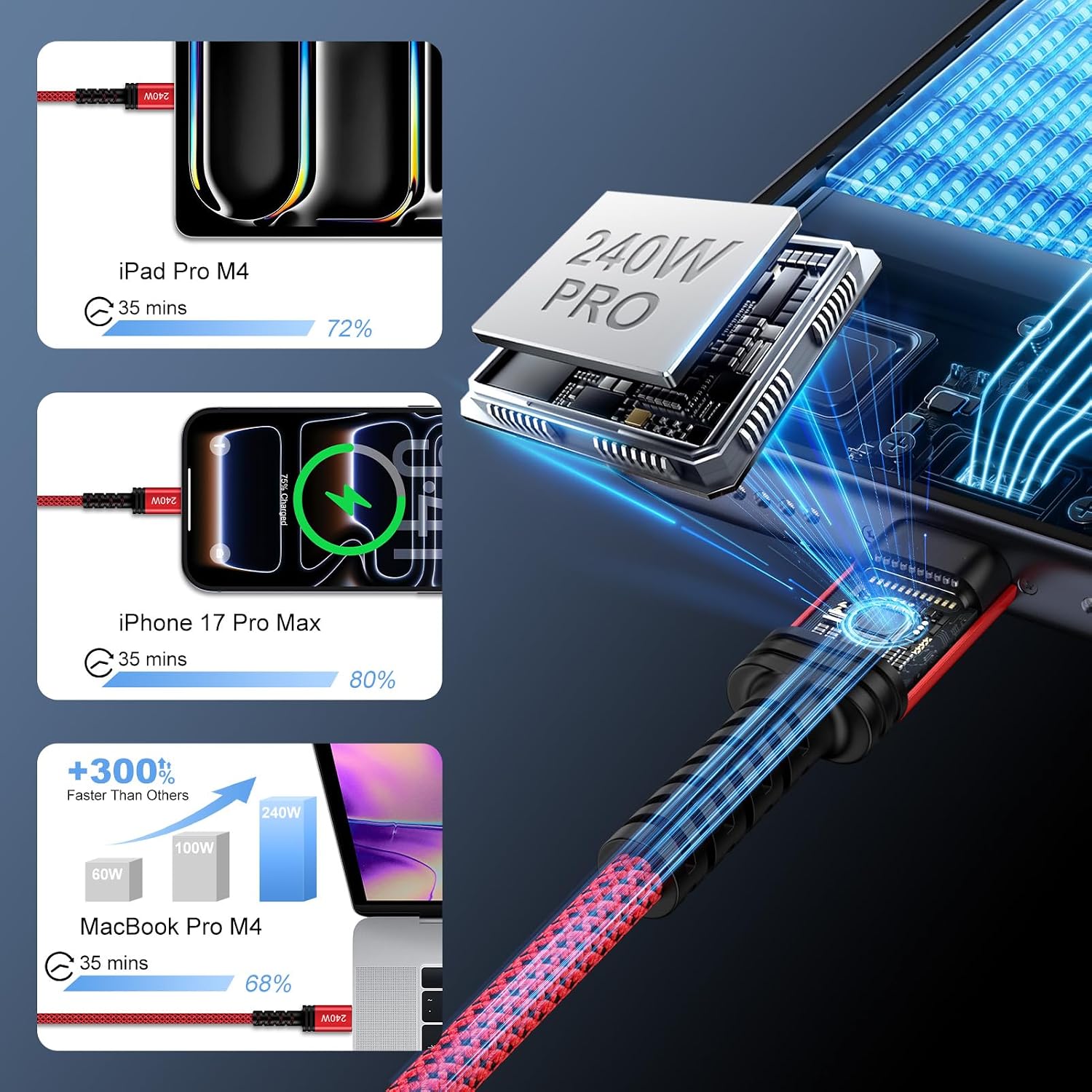 240W USB-C Charger Cable Fast Charging Cord for iPhone 17 17 Pro Max 16 Plus 16E 15 Pro Max,3FT USB C to USB C iPhone 16e Carplay USBC Cable Fast Charger Lead for Samsung Galaxy S25 S26/S26 Ultra/S26+ image 4