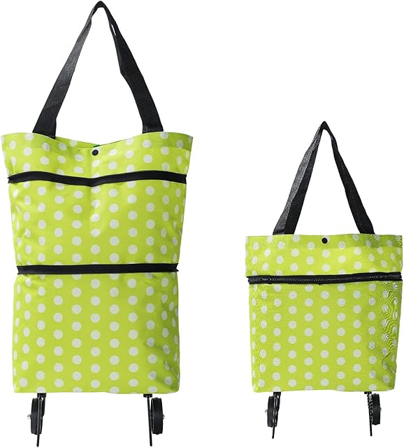 ColdShine Collapsible Trolley Bags 2 In 1 Two-Stage Foldable Shopping Trolley with Wheels Multifunctional Oxford Cloth Reusable Folding Shopping Cart for Women Home Supermarket (Green Dot)