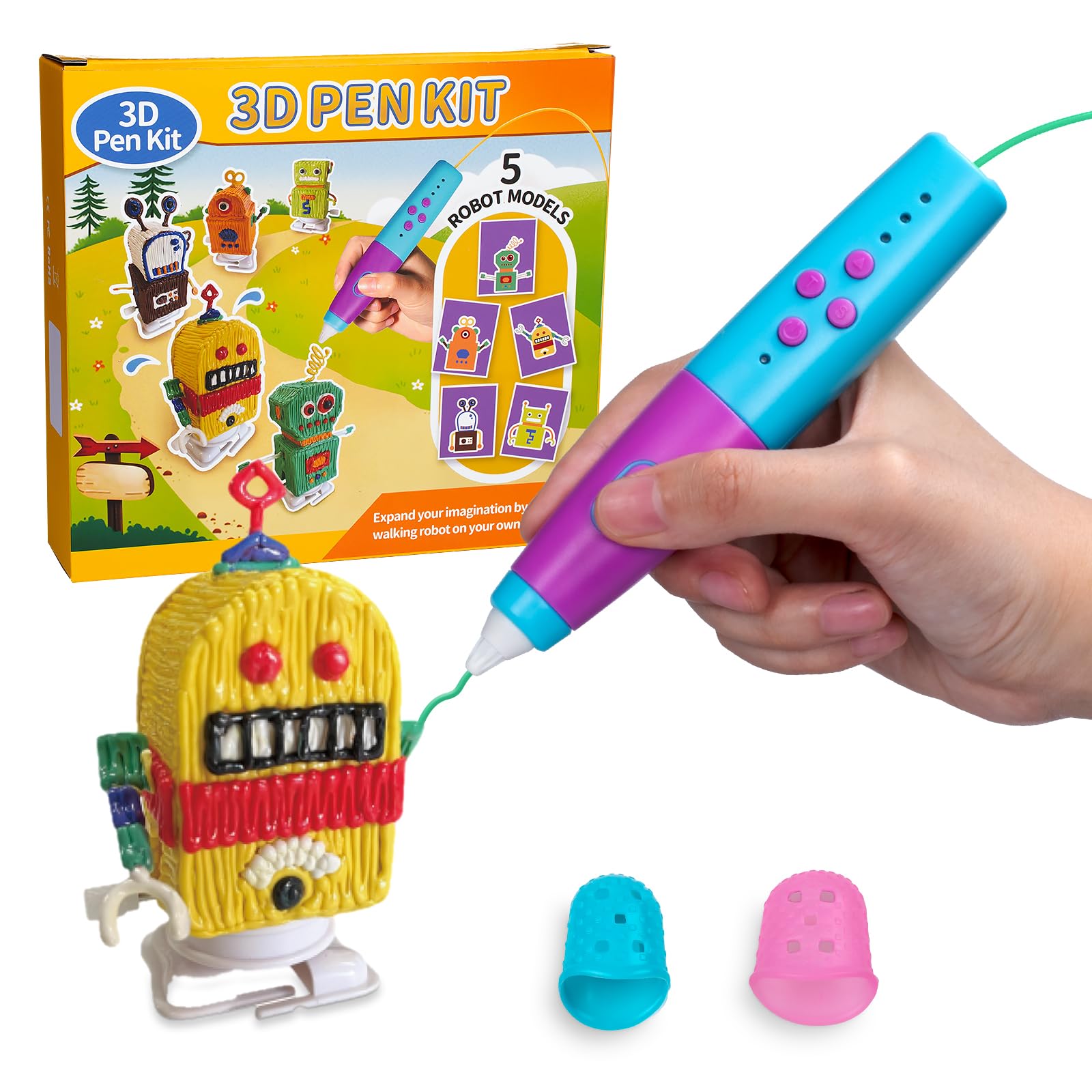Kretrum Penna 3D per bambini, a bassa temperatura, kit di penne per stampa 3D con stencil robot, protezioni per le dita, filamento PCL da 1,75 mm, ecc. Penna 3D, miglior regalo di compleanno per