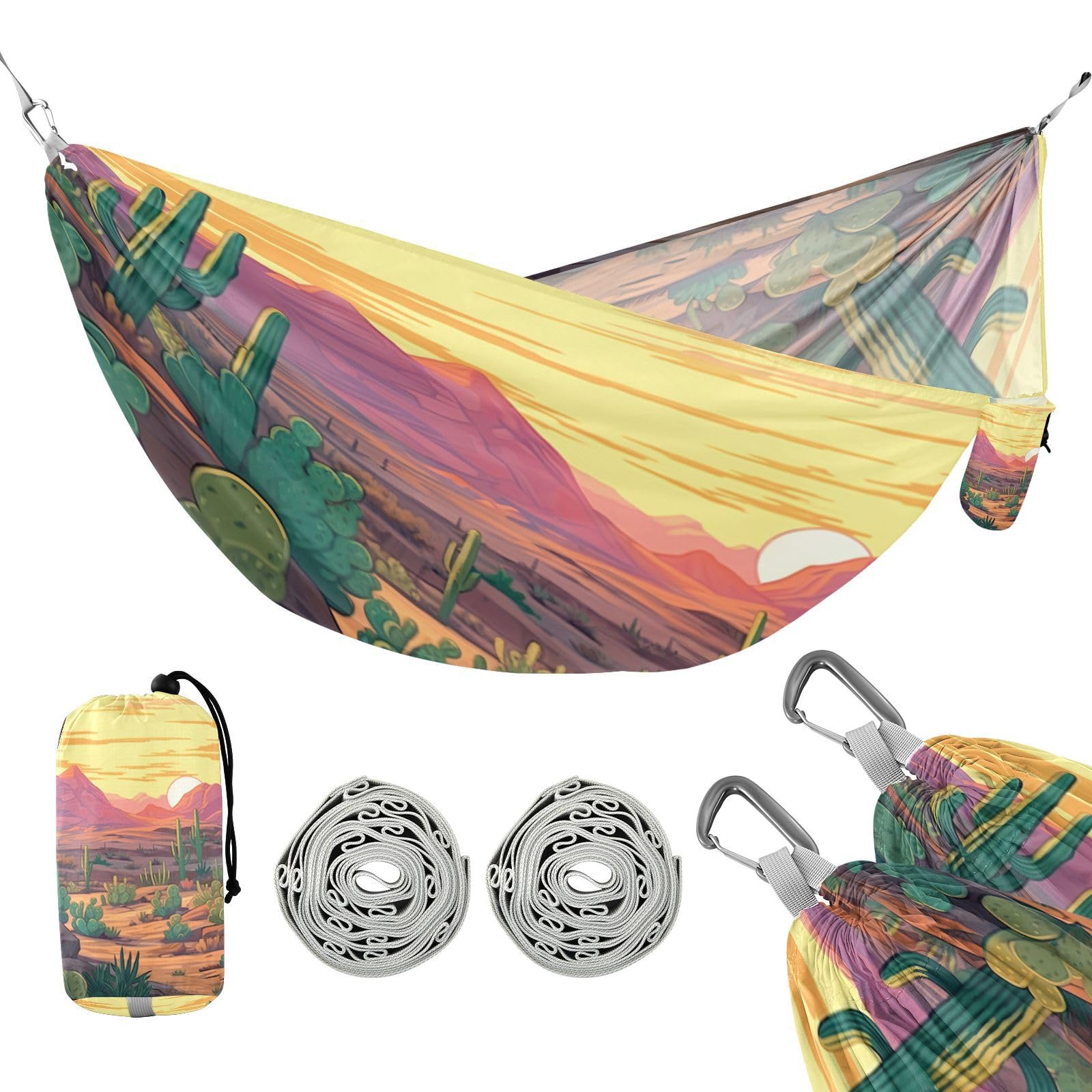Haskirky Desert Cactus Camping Hammock, Single Portable Hammocks with Tree Straps & Attached Carry Bag, 330Lbs Capacity Perfect for Outside Indoor Hiking Beach Backpack Travel