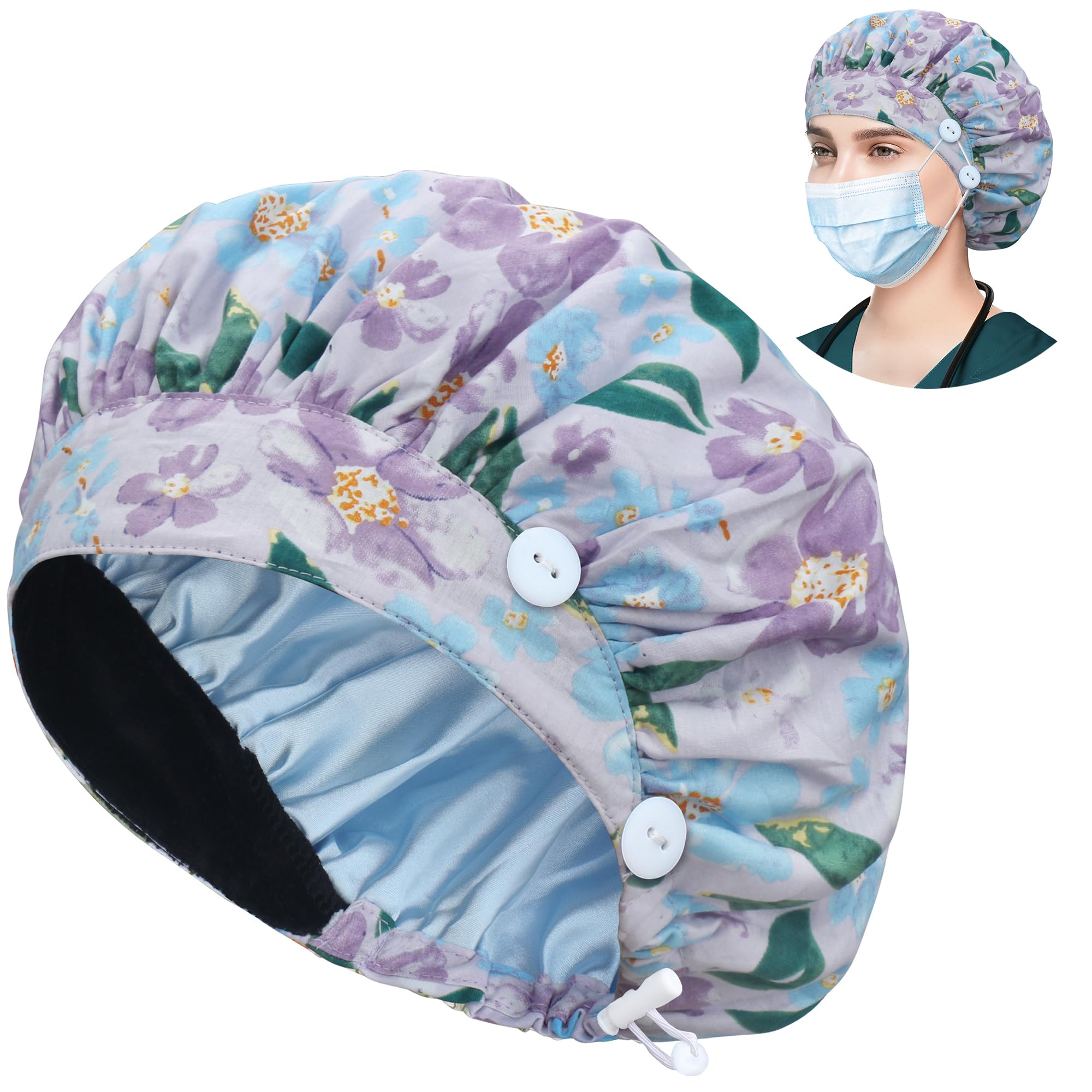 ABAMERICA Bouffant Caps with Button and Sweatband, Adjustable Scrub Caps for Women Men, One Size Multi Color