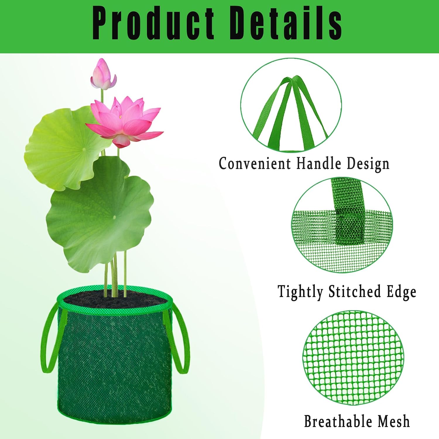 Pond Planting Bags with Handles, Aquatic Pond Lily Planter Reusable Water Gardens Plant Mesh Pots Green Round Pond Plant Basket for Aquatic, Marsh, Bog, Garden, Terrestrial Plants (4 Pcs)
