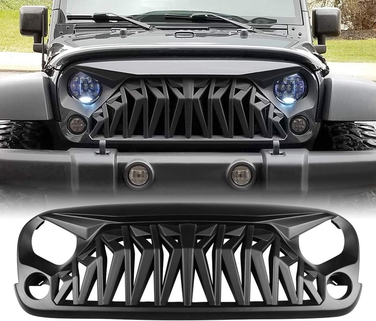 Matte Black Front Grille, Shark Grille Compatible with Jeep Wrangler Rubicon Sahara Sport JK JKU 2007-2018
